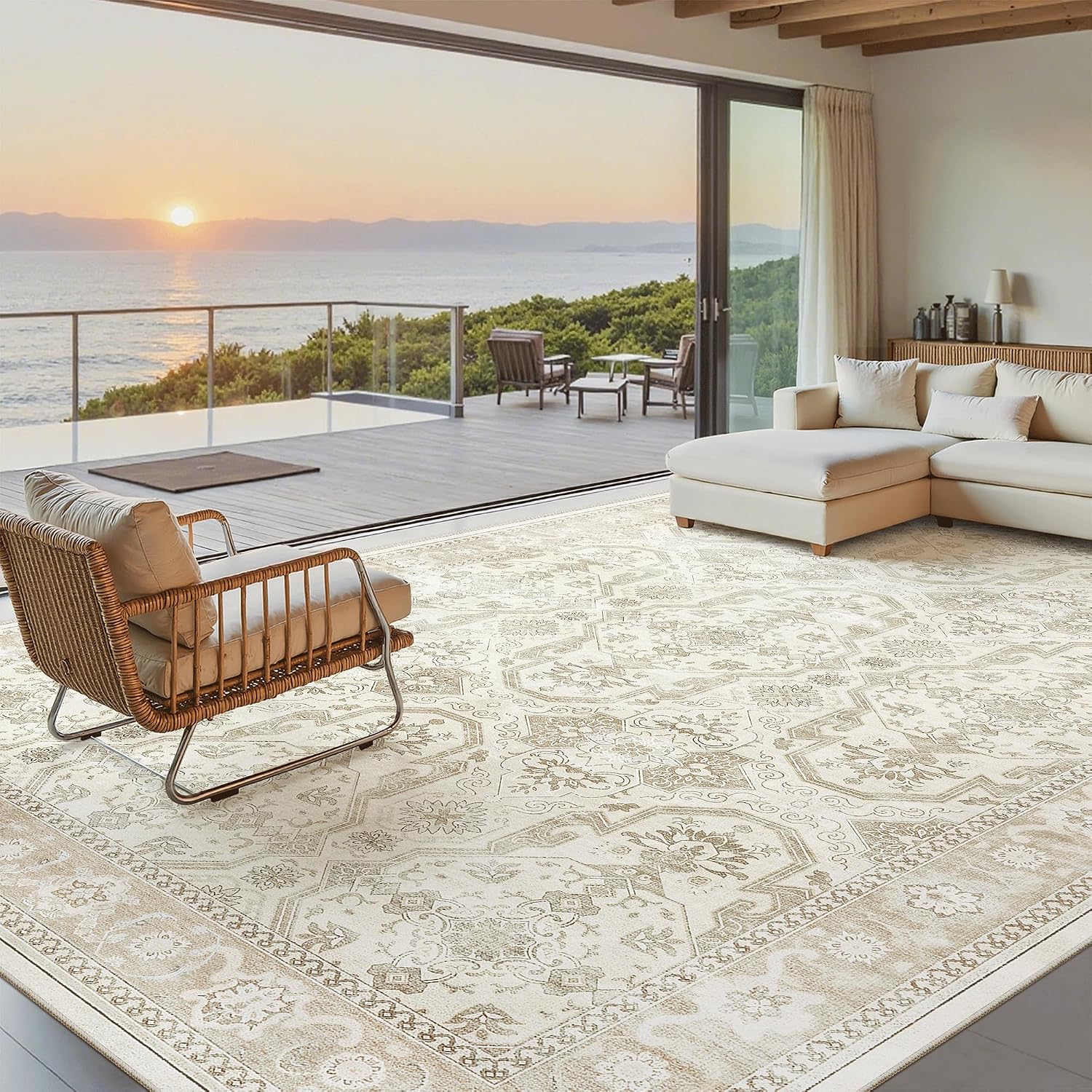 Thumbnail 1 de Soalmost 9' x 12' Area Rug, Washable Beige/Brown Vintage Geometric