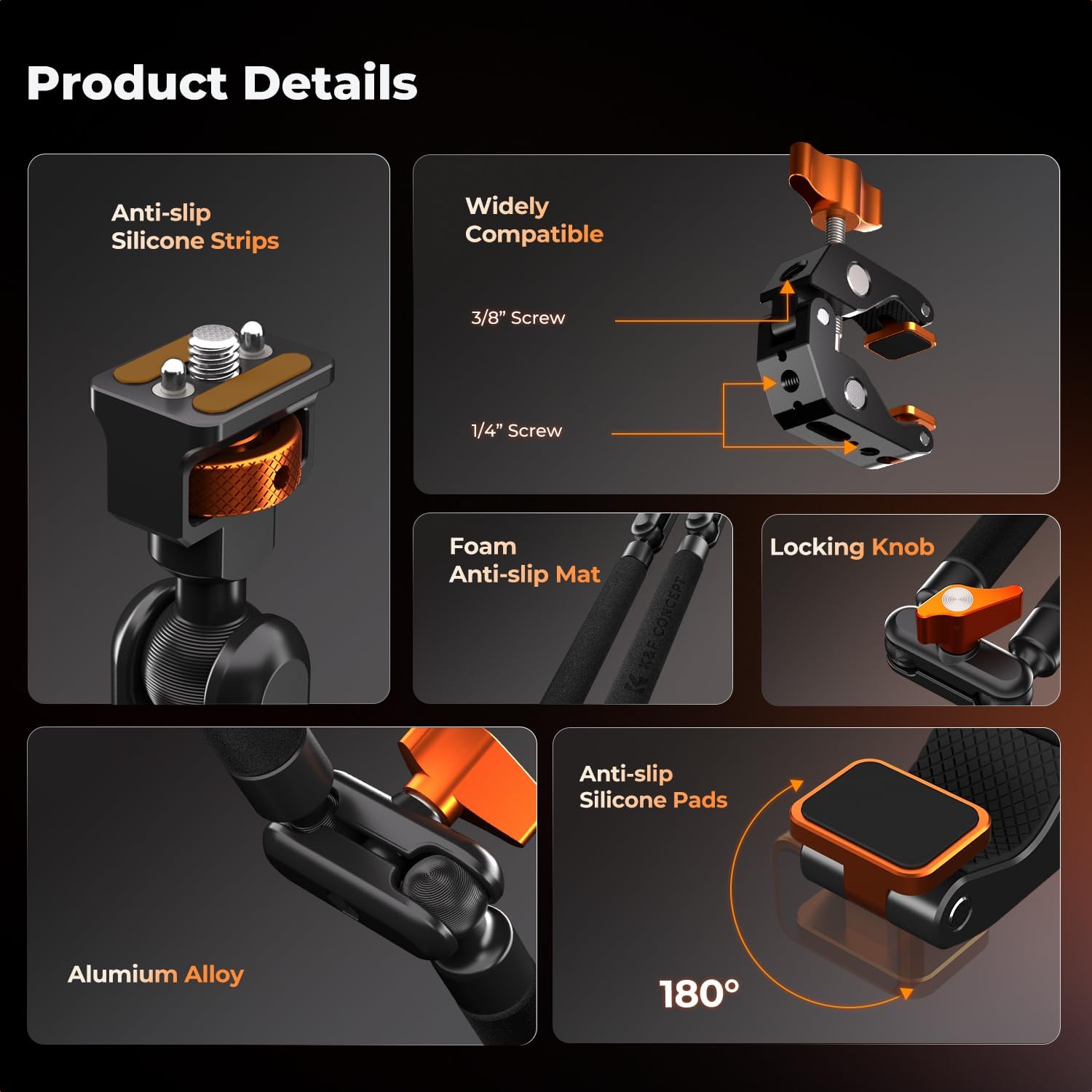 Detalle 2 de K&F CONCEPT 22" Magic Arm Clamp overhead desk camera mount with action camera adapter