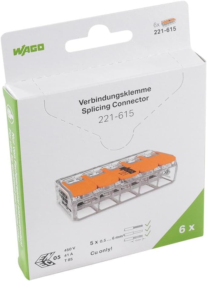 WAGO Compact 221-615 per 5 conduttori: terminali a leva per collegamento fino a 6 mm² (confezione da 6)