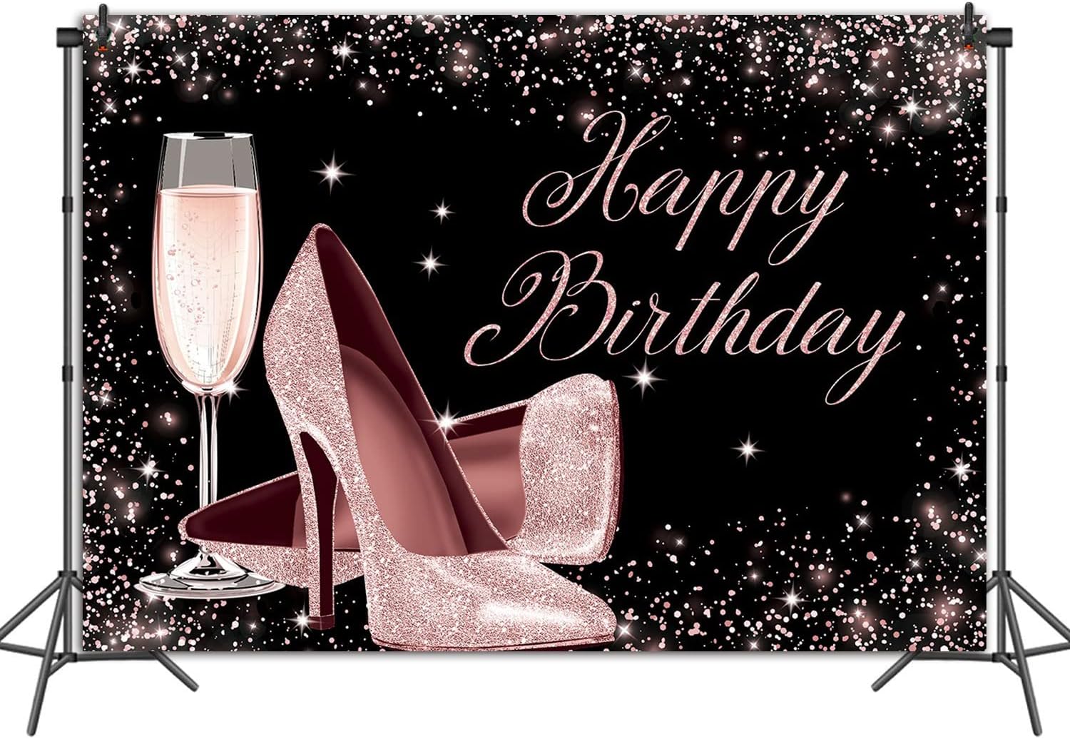 Thumbnail 4 de Happy Birthday Hintergrund für Frauen (Schwarz & Rosa) von BINQOO – Vinyl-Fotohintergrund mit Glitzer, 210 x 150 cm