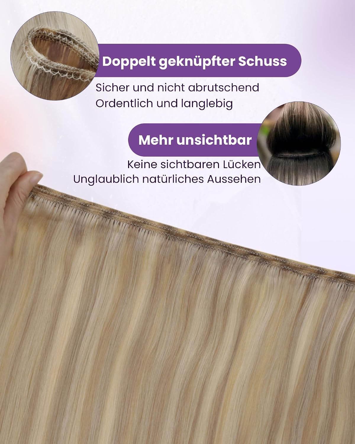 Detalle de LaaVoo Echthaar Tressen zum Einnähen Blond – Goldblond Highlight, 50 cm, 100 g, Remy Haar