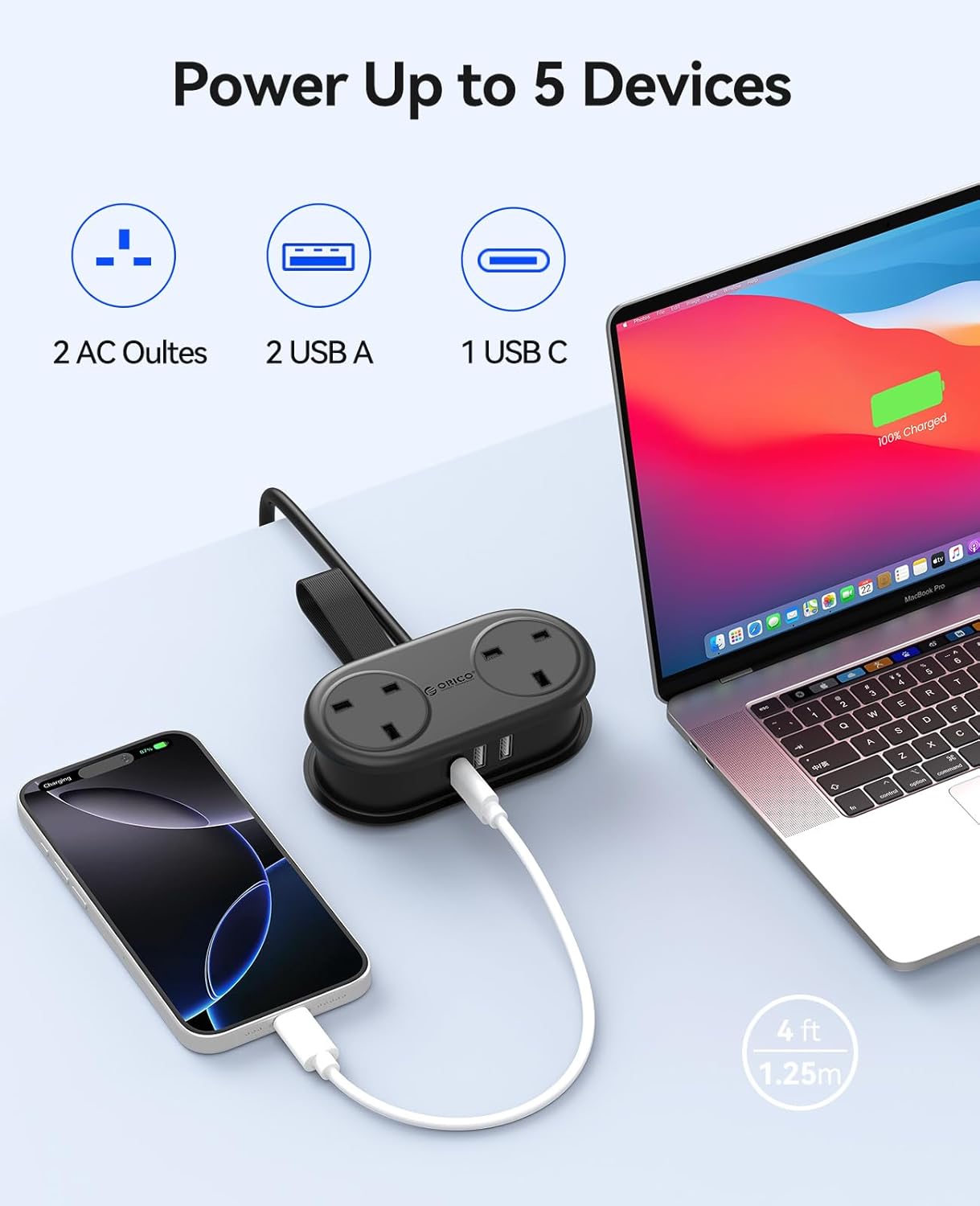 Detalle de ORICO Travel Extension Lead with USB Slots (2 outlets, 3 USB ports, 13A) – rollable power strip for travel and home