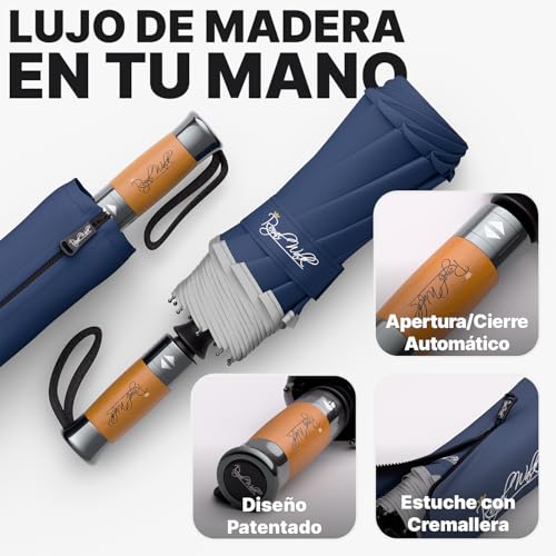 Thumbnail 2 de Royal Walk Paraguas de viaje plegable resistente al viento con mango de madera auténtica