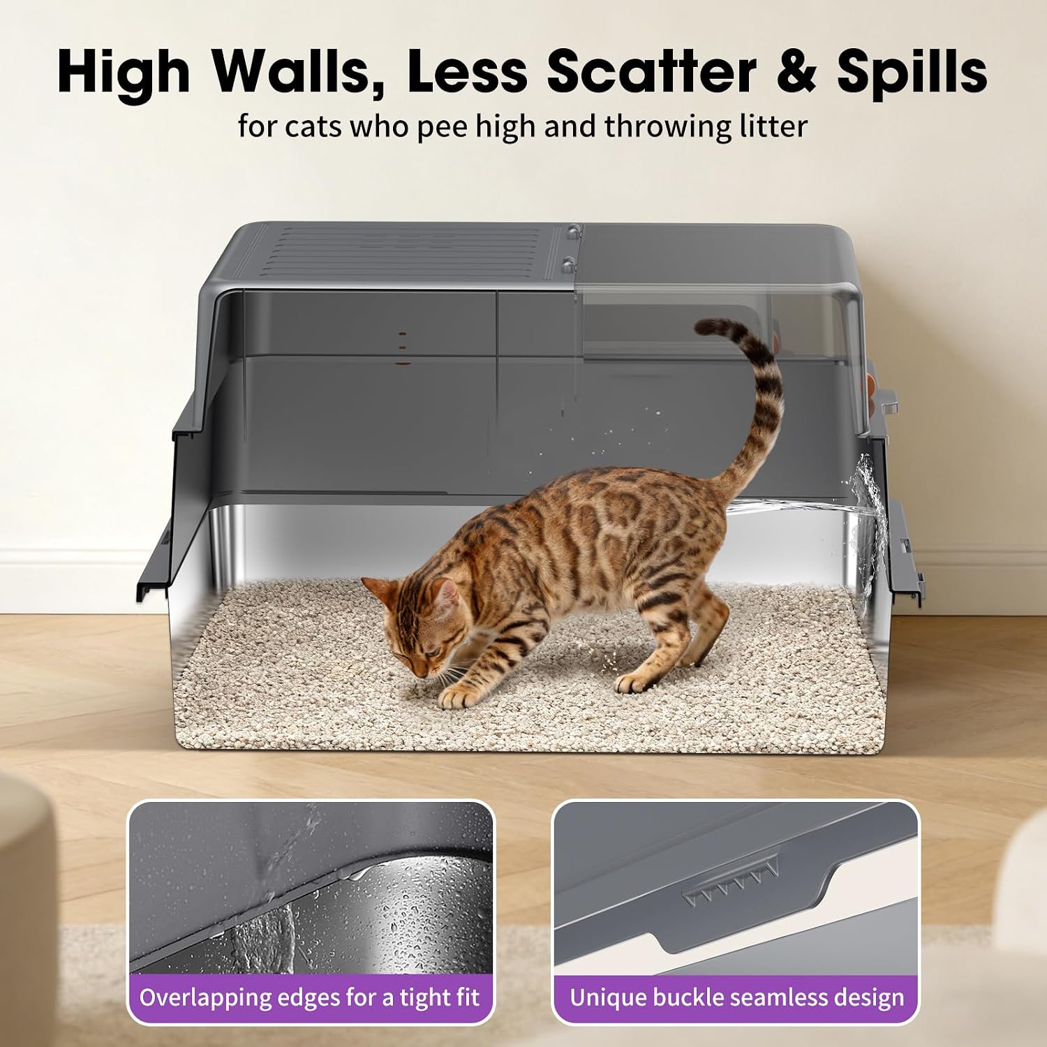Detalle de XXXL Stainless Steel Cat Litter Box – Extra Large Open High-Sided Tray with Semi-Transparent Panels