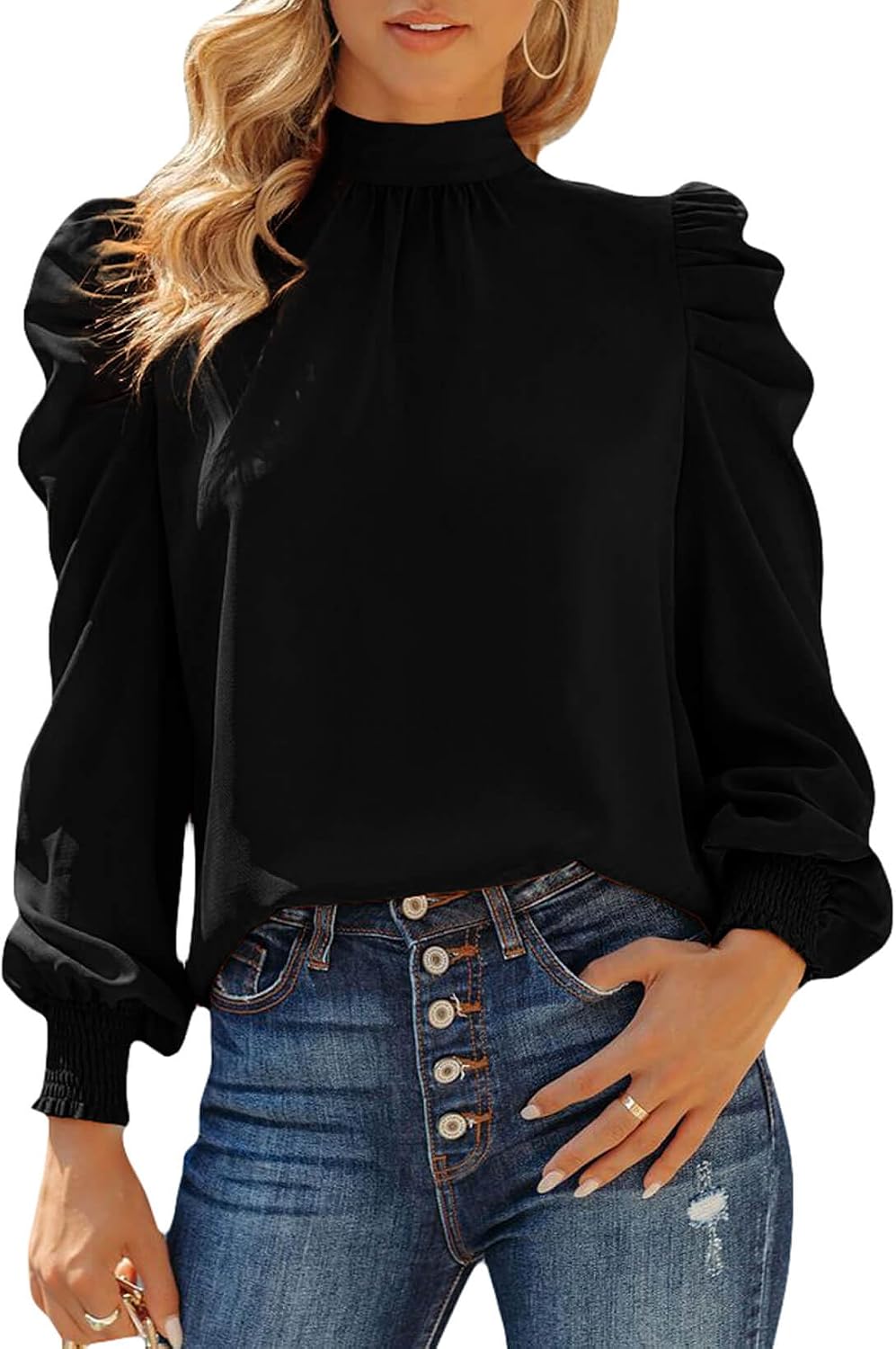 Detalle de Dokotoo Women’s Blouses Top: Elegant Puff Sleeve Turtleneck Chiffon Shirt