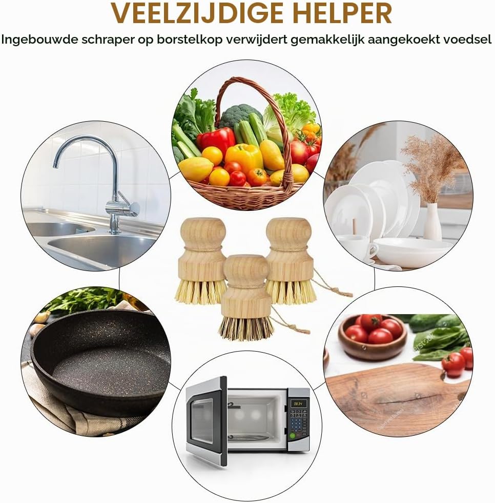 Detalle 2 de AUAUY afwasborstelset, 3-delig met rubberhouten handvat en sisalvezels