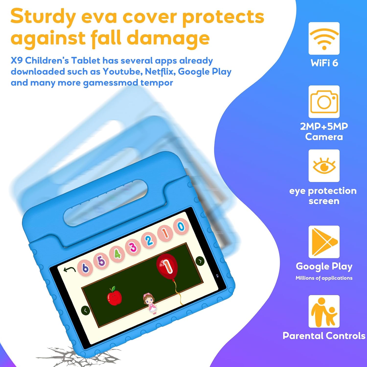 Detalle de Tablette enfants 8 pouces Android X9 avec 7 Go RAM, 64 Go ROM et étui EVA — WiFi 6 et contrôle parental