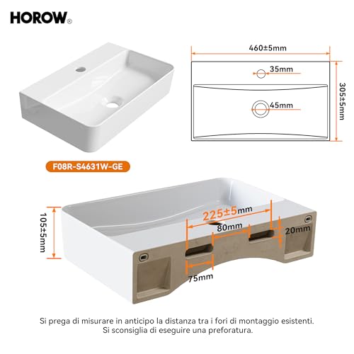 Detalle de HOROW Lavabo a parete sospeso in ceramica bianco 46x31 cm – design moderno e facilità di pulizia