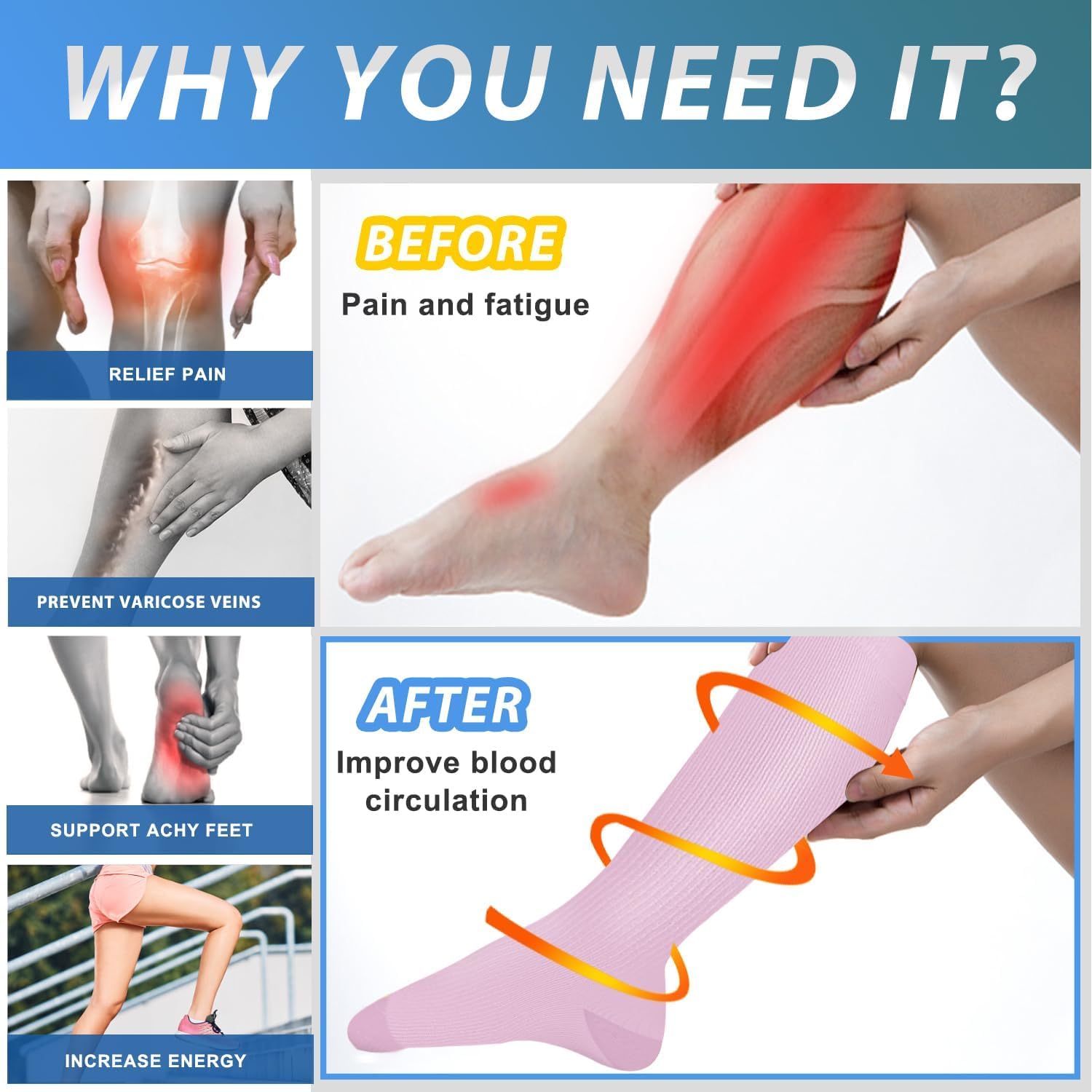 Detalle de DHSO Graduated Compression Socks, 6 Pairs, 15–20 mmHg Knee-High