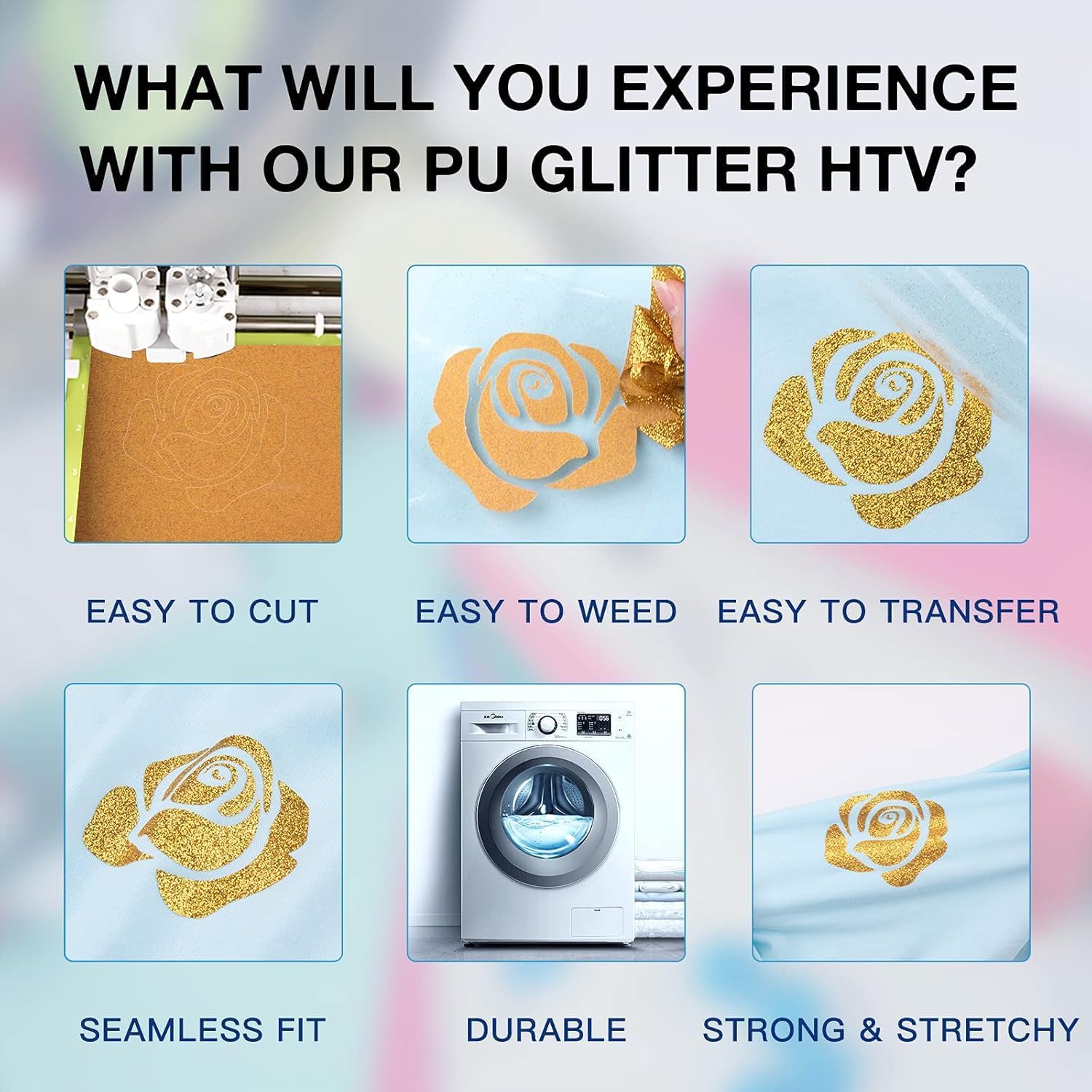 Thumbnail 2 de HTVRONT Gold Glitter HTV Vinyl for Shirts 10" x 8ft