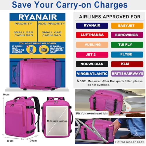 Detalle de ENZOSUM Mochila de Cabina 24L 40x30x20 violeta para Ryanair, Vueling y más