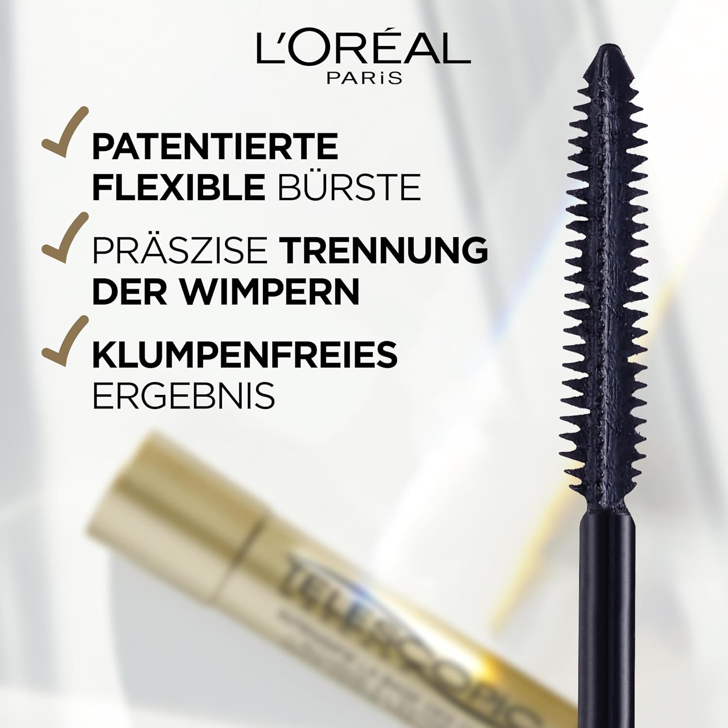 Detalle 2 de L’Oréal Paris False Lash Telescopic Gold Mascara Schwarz – präzise getrennte, verlängerte Wimpern (8 ml)