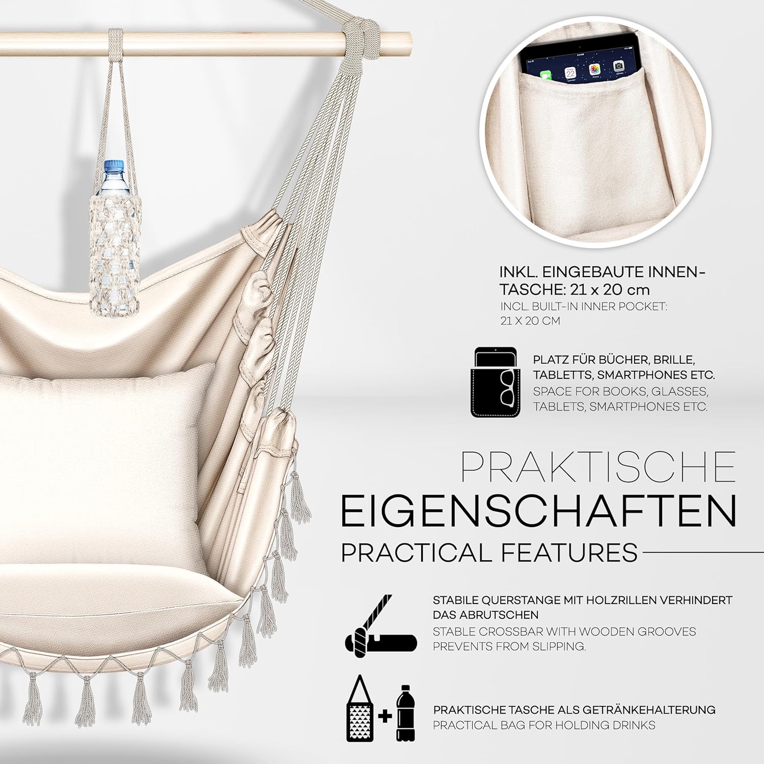 Detalle de tillvex Hängesessel mit 2 herausnehmbaren XXL-Kissen, Getränkehalter & Bücherfach