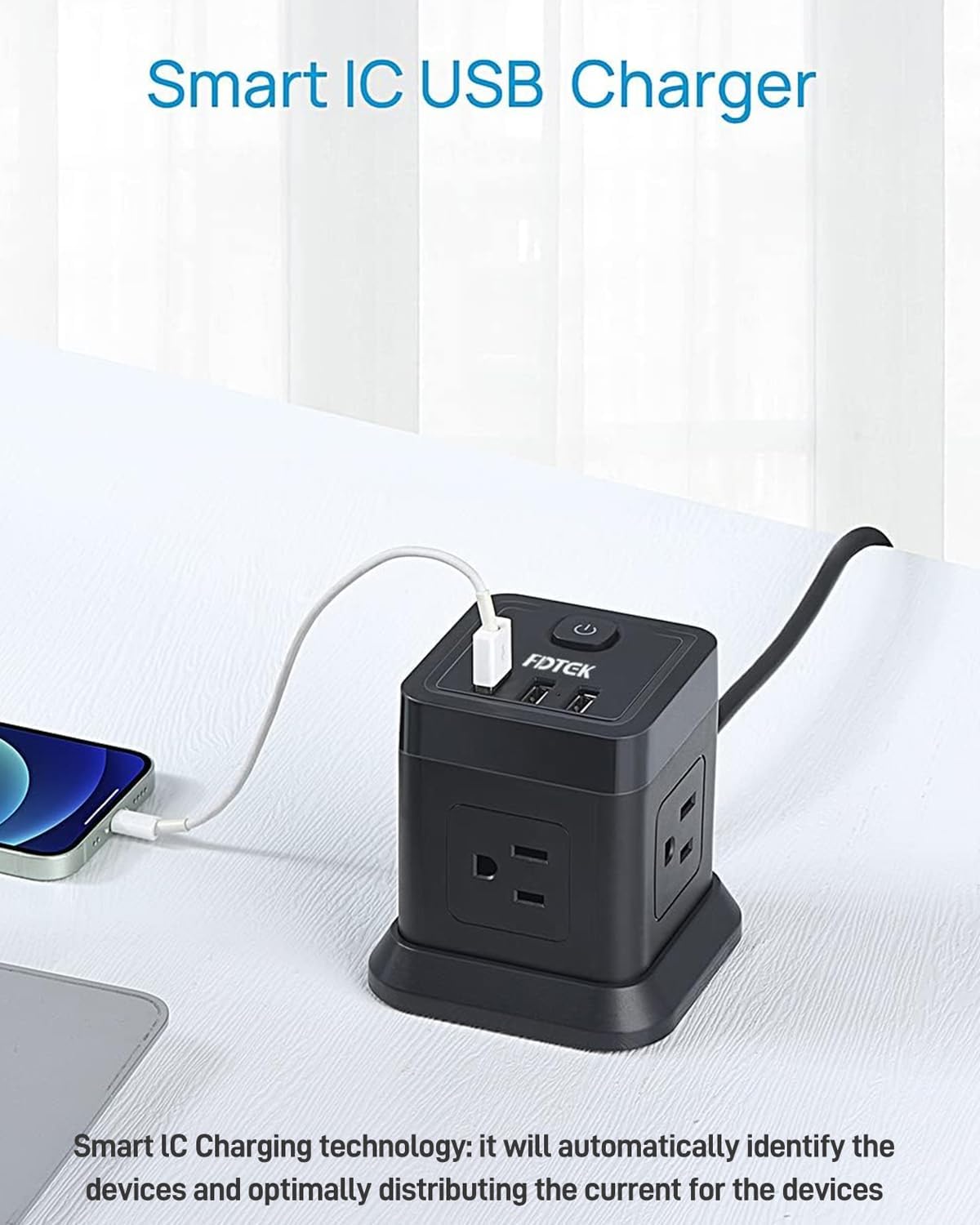 Detalle de FDTEK Flat Plug Power Strip with USB (4 AC + 3 USB), 5 ft Cube Extension Cord, Overload Protection, Black