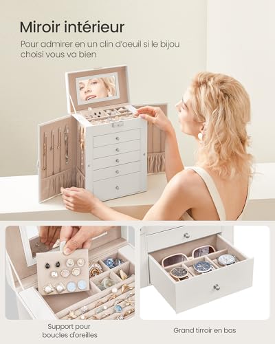 Detalle 1 de SONGMICS Boîte à bijoux 6 niveaux avec 5 tiroirs, miroir et serrure