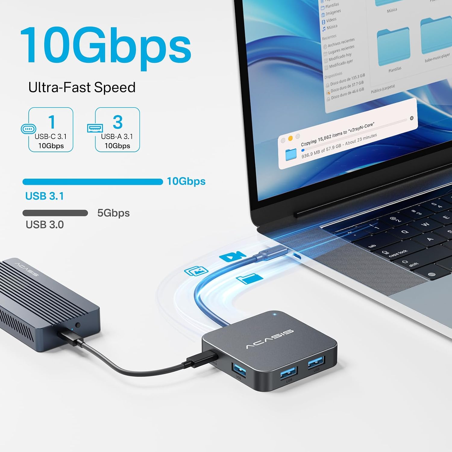 Detalle de ACASIS HB0706GY 6-in-1 USB-C Hub, 4K 60Hz HDMI, 10Gbps, 100W PD