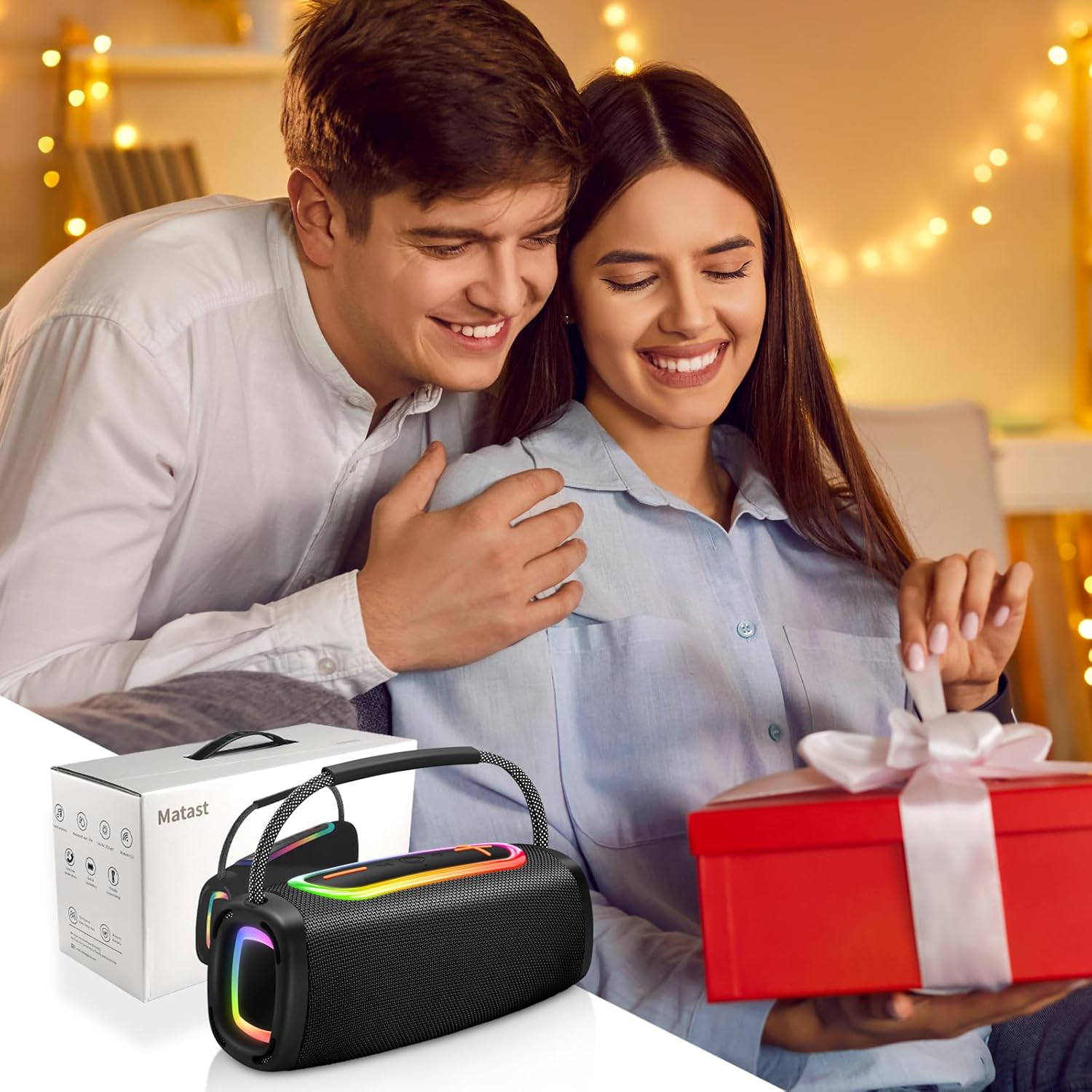 Detalle de Tragbarer Bluetooth-Lautsprecher mit Griff – IPX7, BT5.3, 24W, RGB-Lichtshow, 2×60-mm Treiber