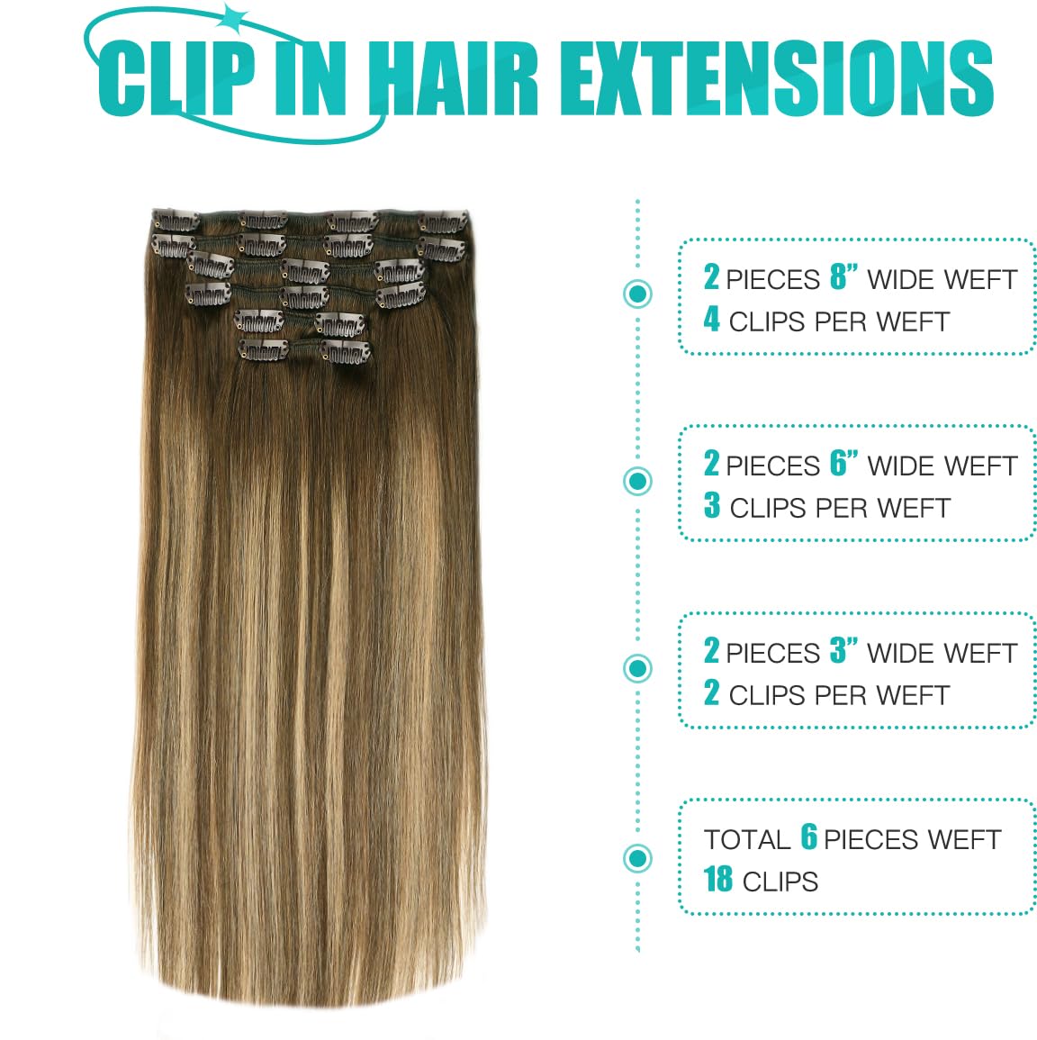 Detalle de SURNEL Clip-in Extensions Echthaar Balayage Schokoladenbraun & Karamellbraun – 6er Set, 100 g, 40 cm