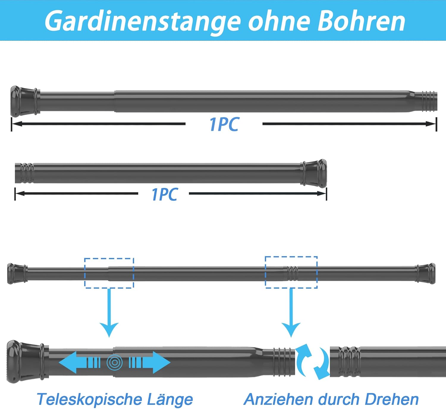 Thumbnail 5 de Aiitomg Bastone per tenda a pressione senza forare (bianco), 185–250 cm, diametro 25 mm