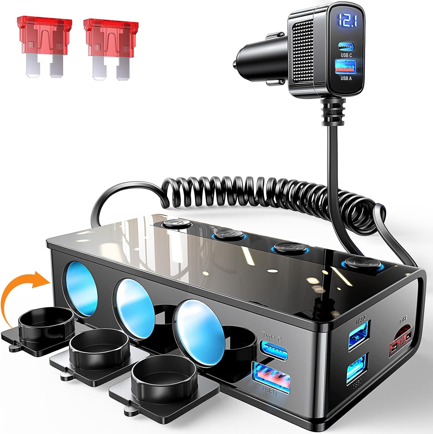 Detalle de LISEN 9 in 1 Car Cigarette Lighter Multi Socket (191W) with USB-C PD 30W and QC 3.0
