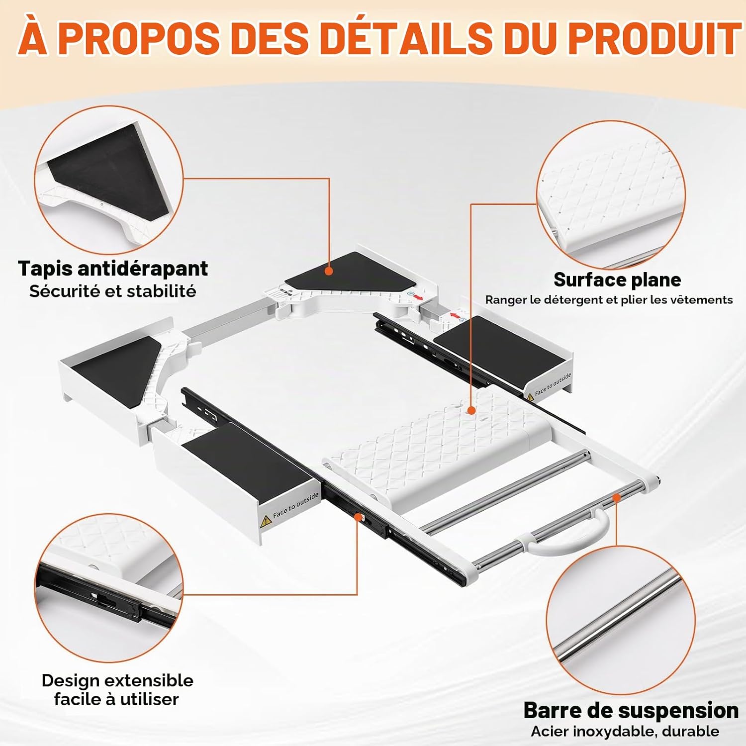 Detalle de MISTRO Kit de Superposition Universel Réglable 42–73 cm avec Tablette et Barre Porte-serviettes – 12 kg