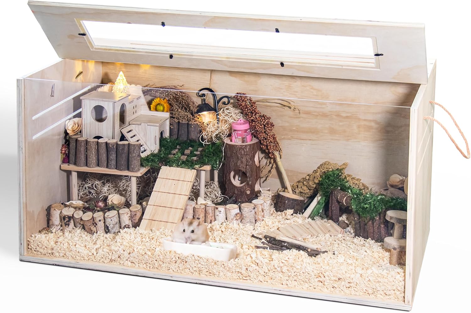 Detalle de Hamster Cage Chewproof: 80cm Wooden Cage for Small Animals with Openable Top and Easy View Acrylic Panels