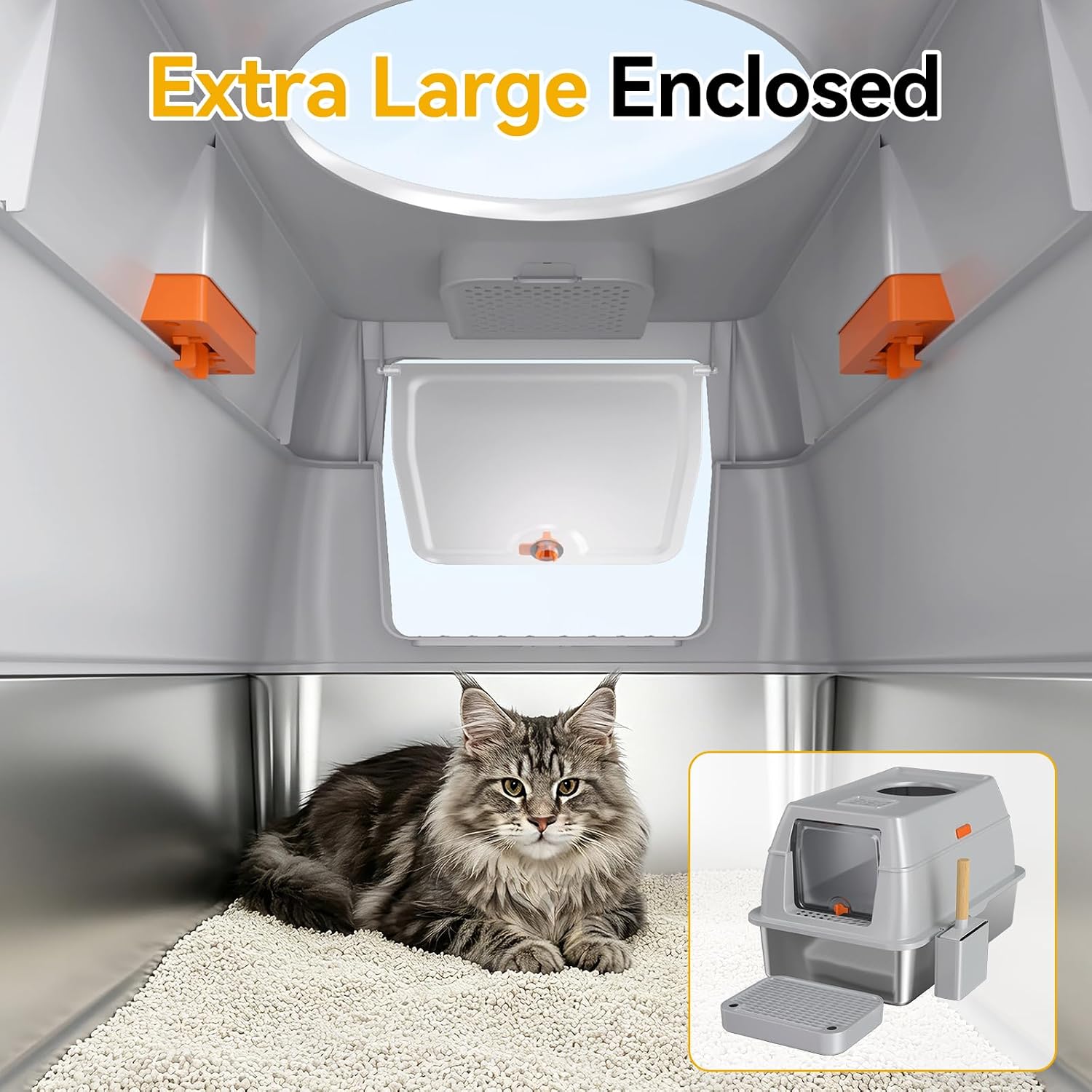 Detalle de Tevila Light Grey-1Pack XL Enclosed Stainless Steel Cat Litter Box