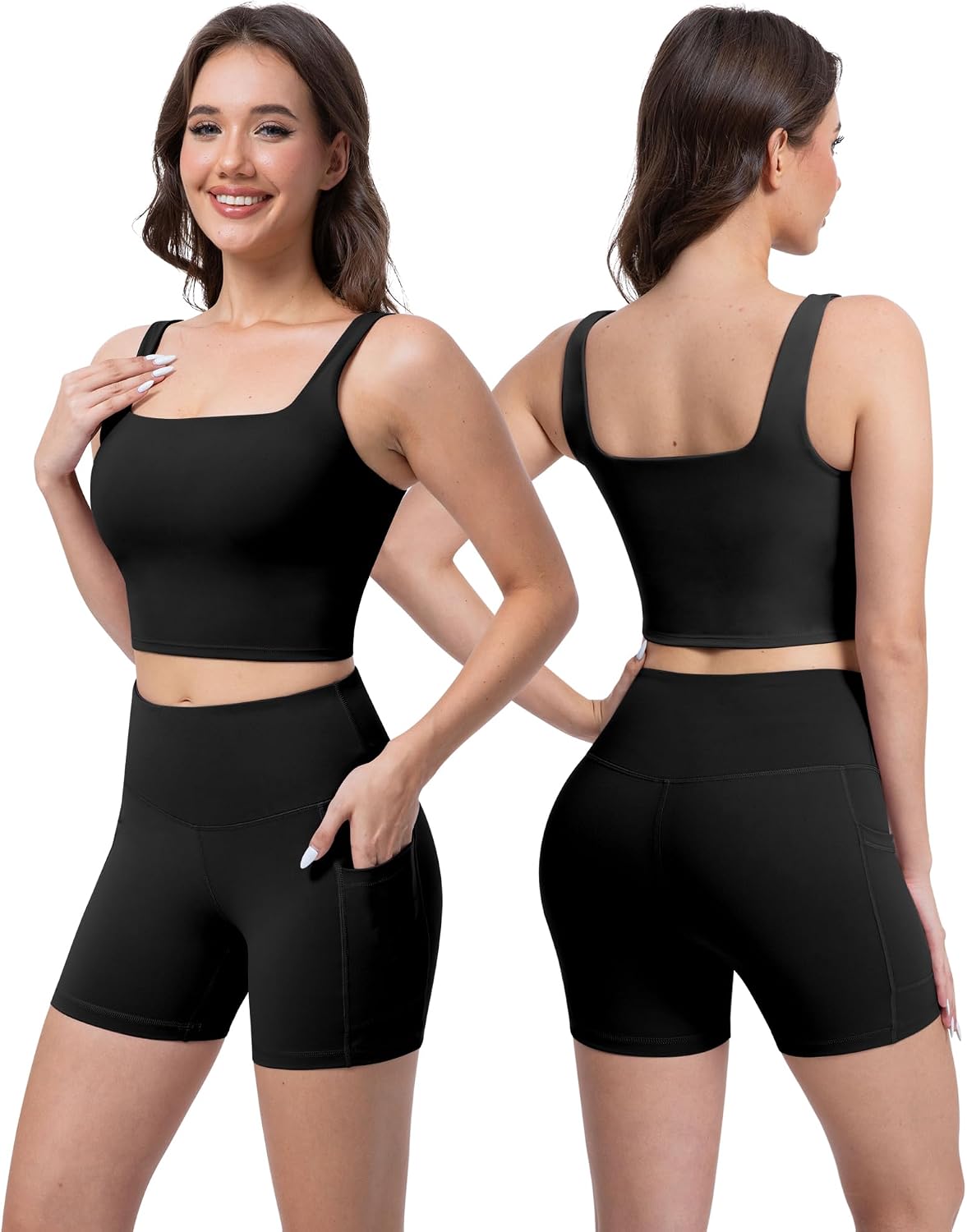 Detalle de SALSPOR 3-Piece Workout Set for Women: High-Waisted Leggings with Pockets, Tummy Control Shorts, and Backless Sports Bra