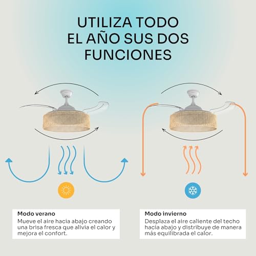 Thumbnail 6 de Mellerware Brizy Bright: ventilador de techo con luz y lámpara bronce rattan sand, 3 aspas, 106 cm