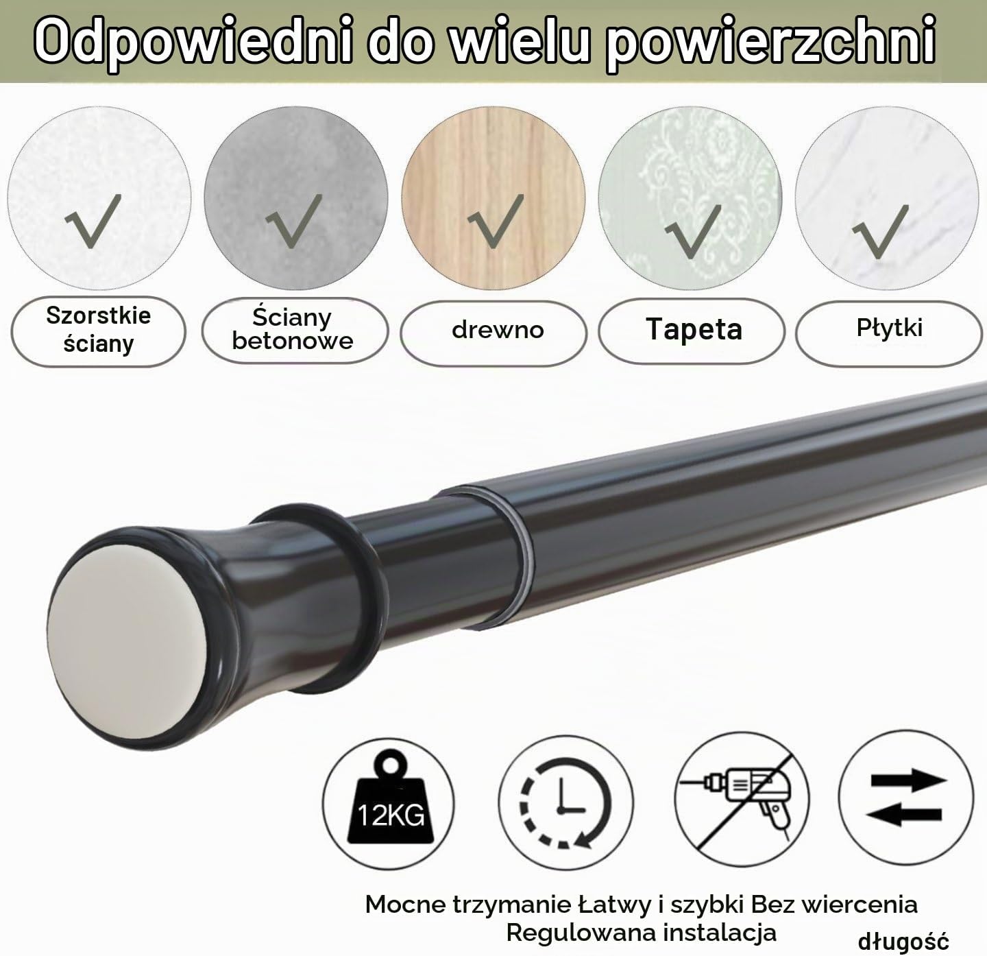 Detalle de Venwemong NO2-8070-10 – teleskopowy drążek do zasłon, czarny, bez wiercenia