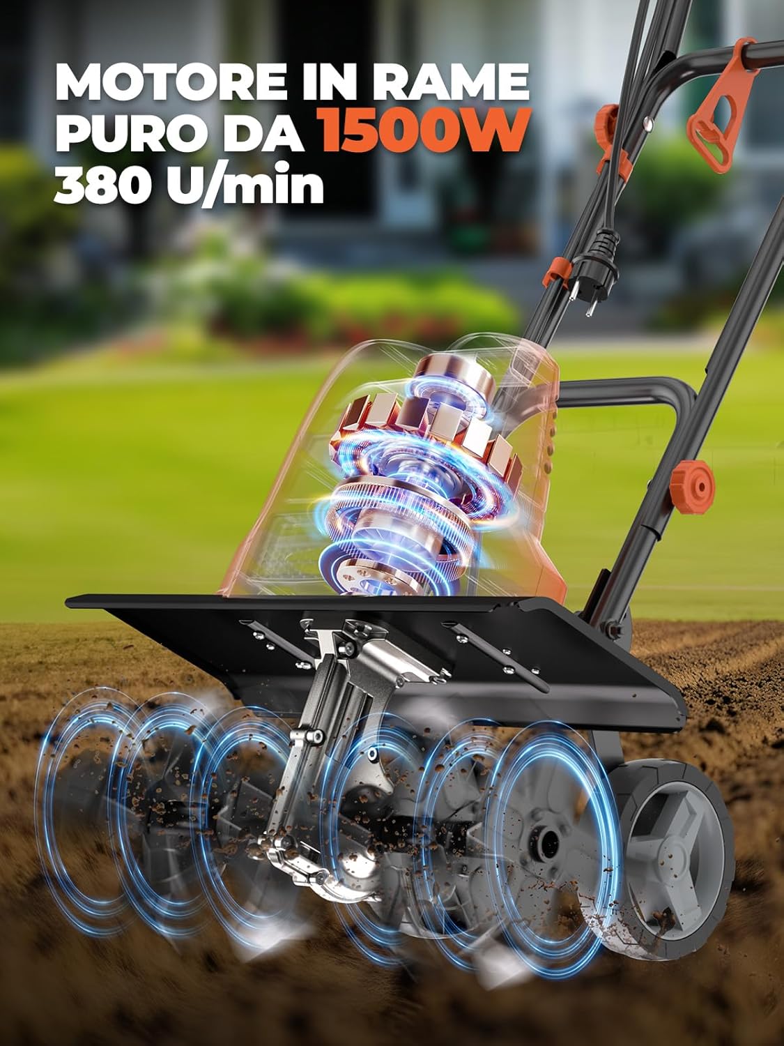 Detalle de MYTOL Motozappa 1500W – 45 cm di Lavoro, 6×4 Denti in Acciaio, Manico Pieghevole