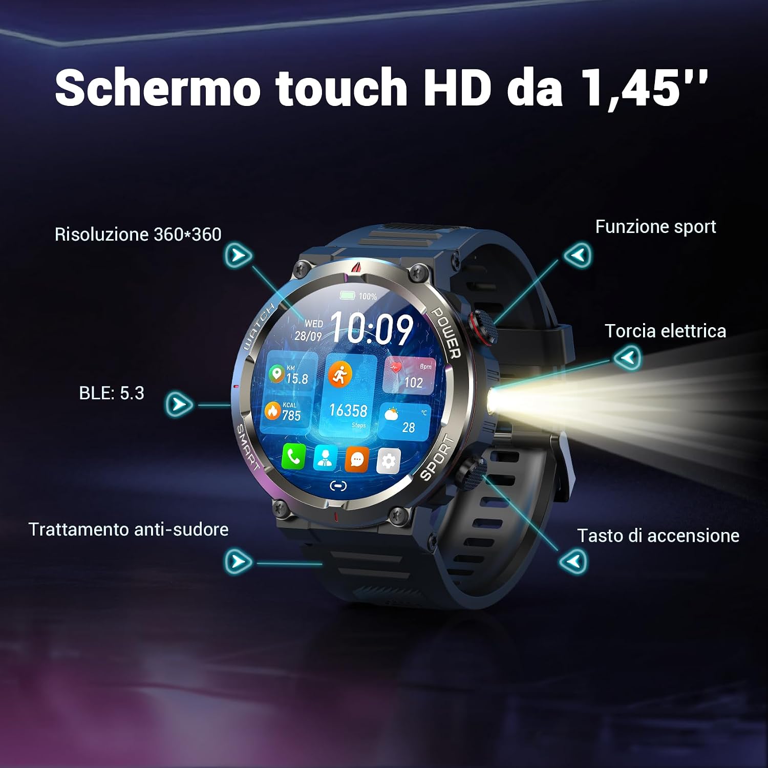 Detalle de Blackview Smartwatch Uomo 1.45” – Orologio tattico rugged per sport e outdoor