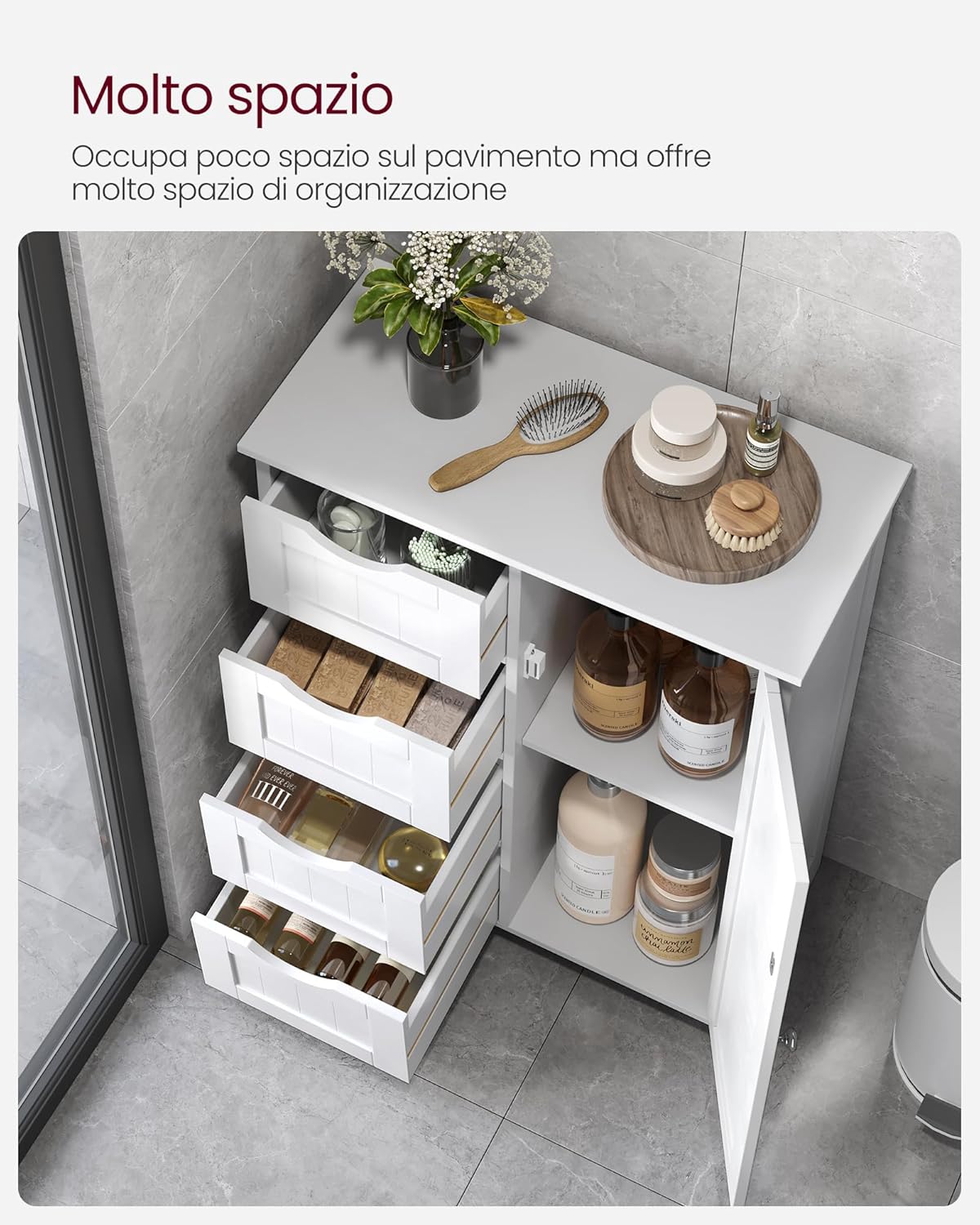 Detalle de VASAGLE LHC41W mobile da bagno autoportante con 4 cassetti, anta e ripiano regolabile