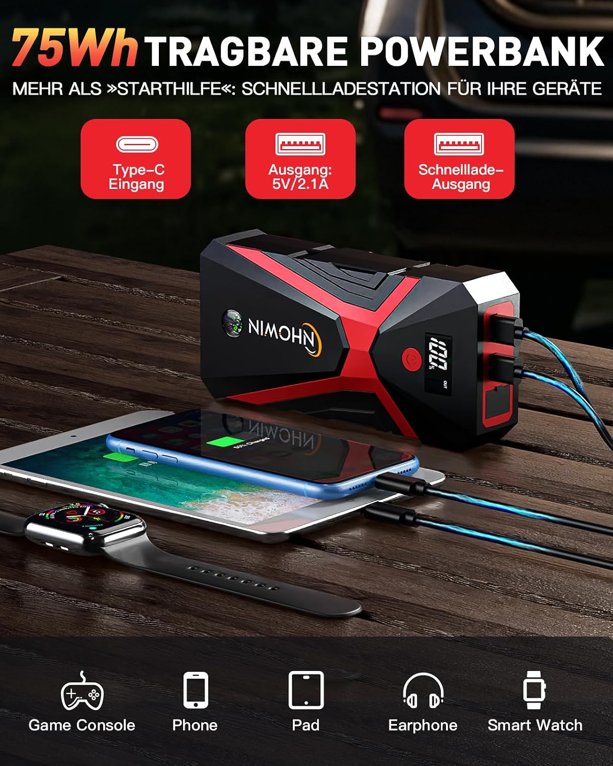 Detalle 1 de NHOWIN 4000A Starthilfe Powerbank 20.000 mAh