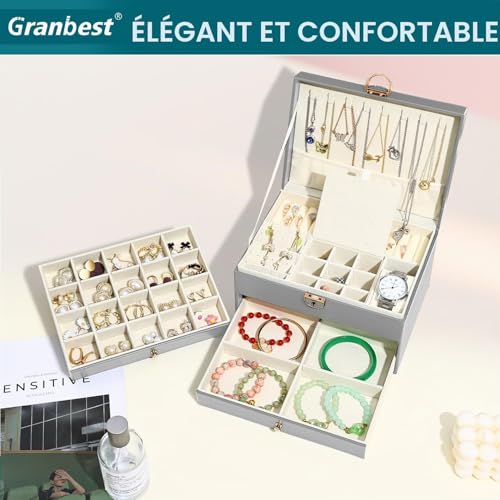 Detalle de Granbest Boîte à bijoux à 3 niveaux avec 2 tiroirs – Coffret cuir Gris