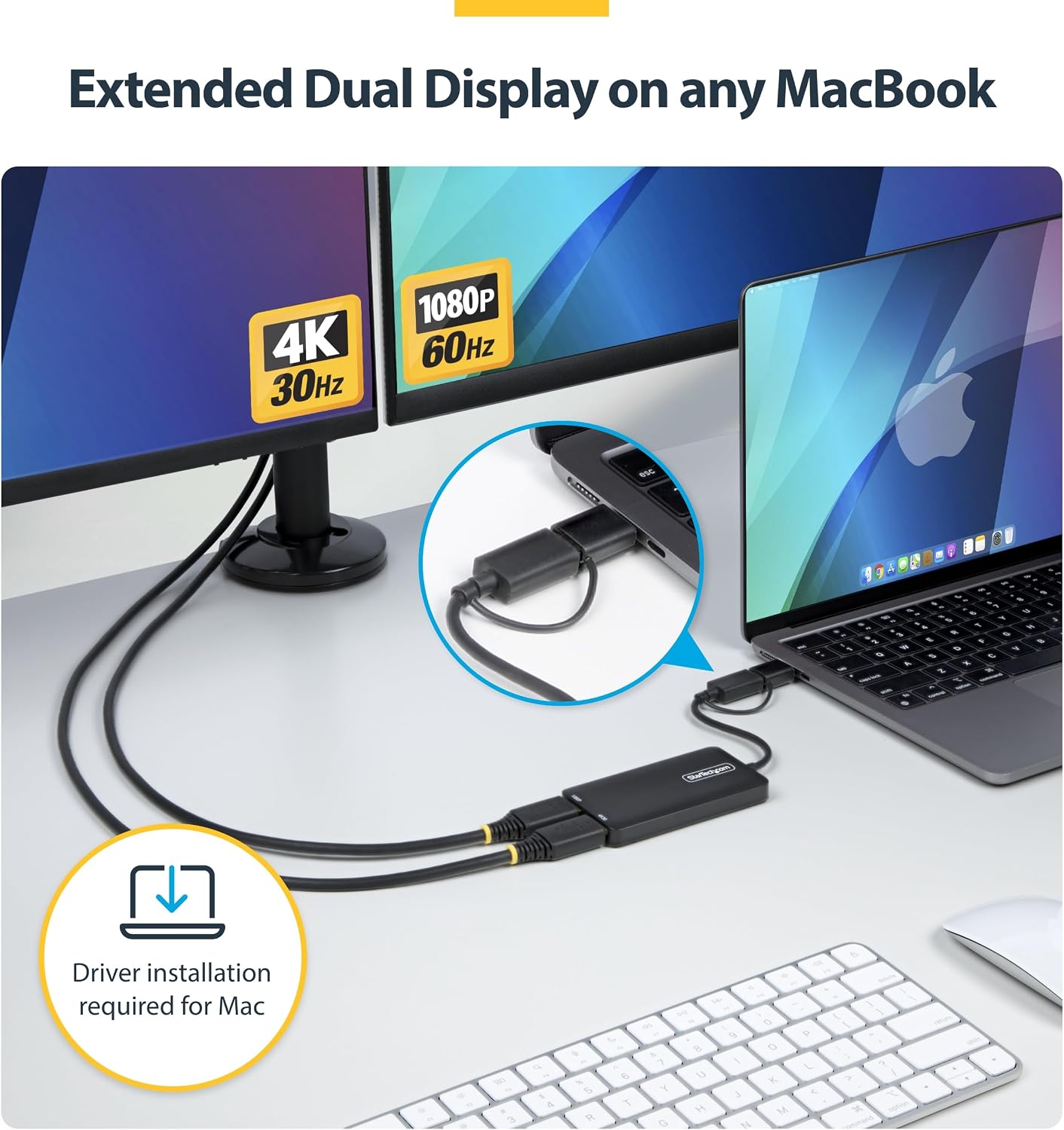 Thumbnail 3 de StarTech USB-A and USB-C to Dual HDMI Adapter (4K30 + 1080p) — USB 3.0, 2 Displays, Windows/ChromeOS/Ubuntu