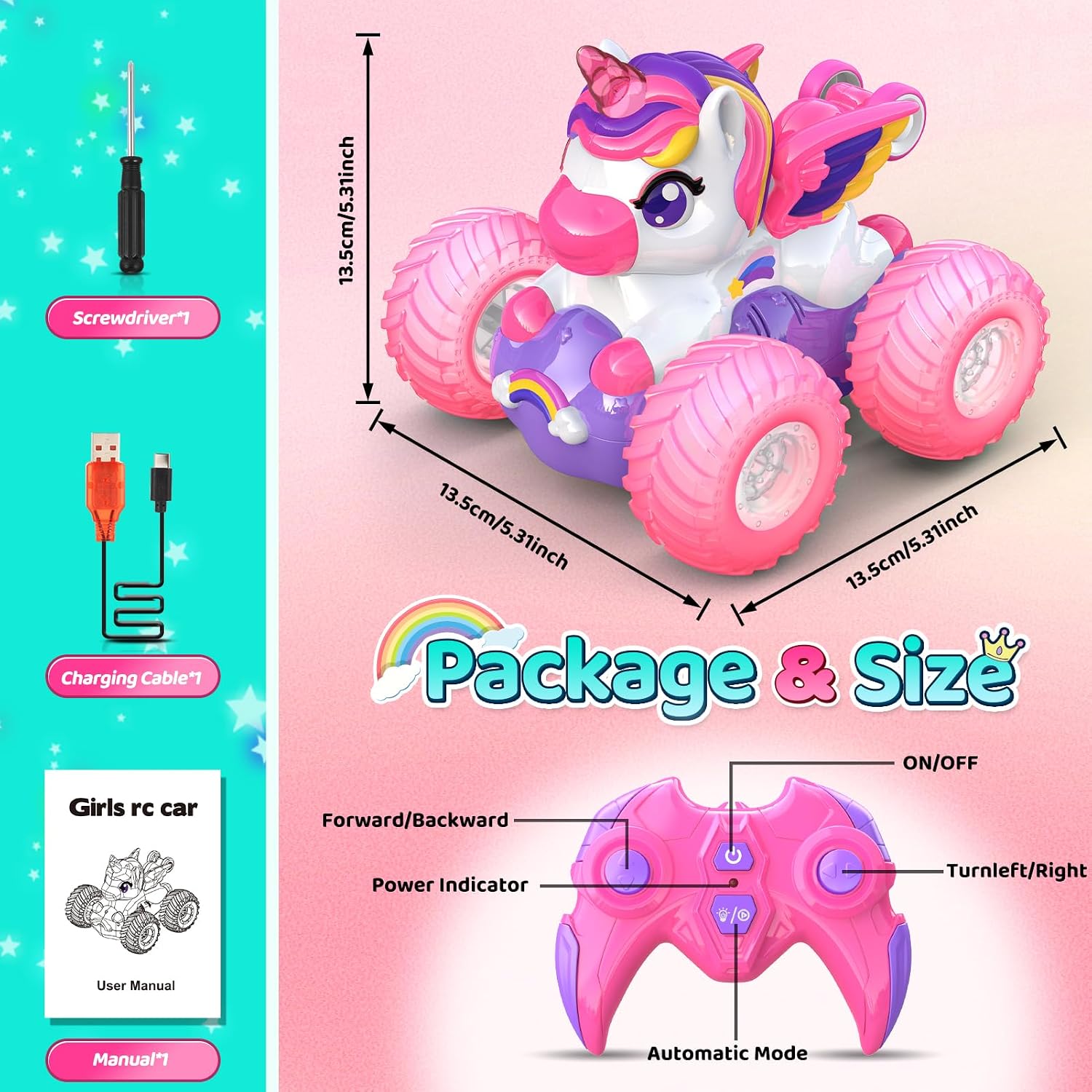 Detalle de HappyGoLucky Voiture télécommandée enfant Licorne rose 2,4 GHz à rotation 360°