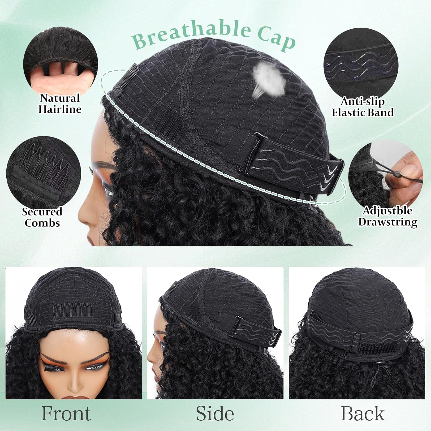 Thumbnail 5 de NICMISS Half Wig brésilienne Kinky Curly en cheveux humains 3-en-1 sans colle, 180% densité, 18 pouces