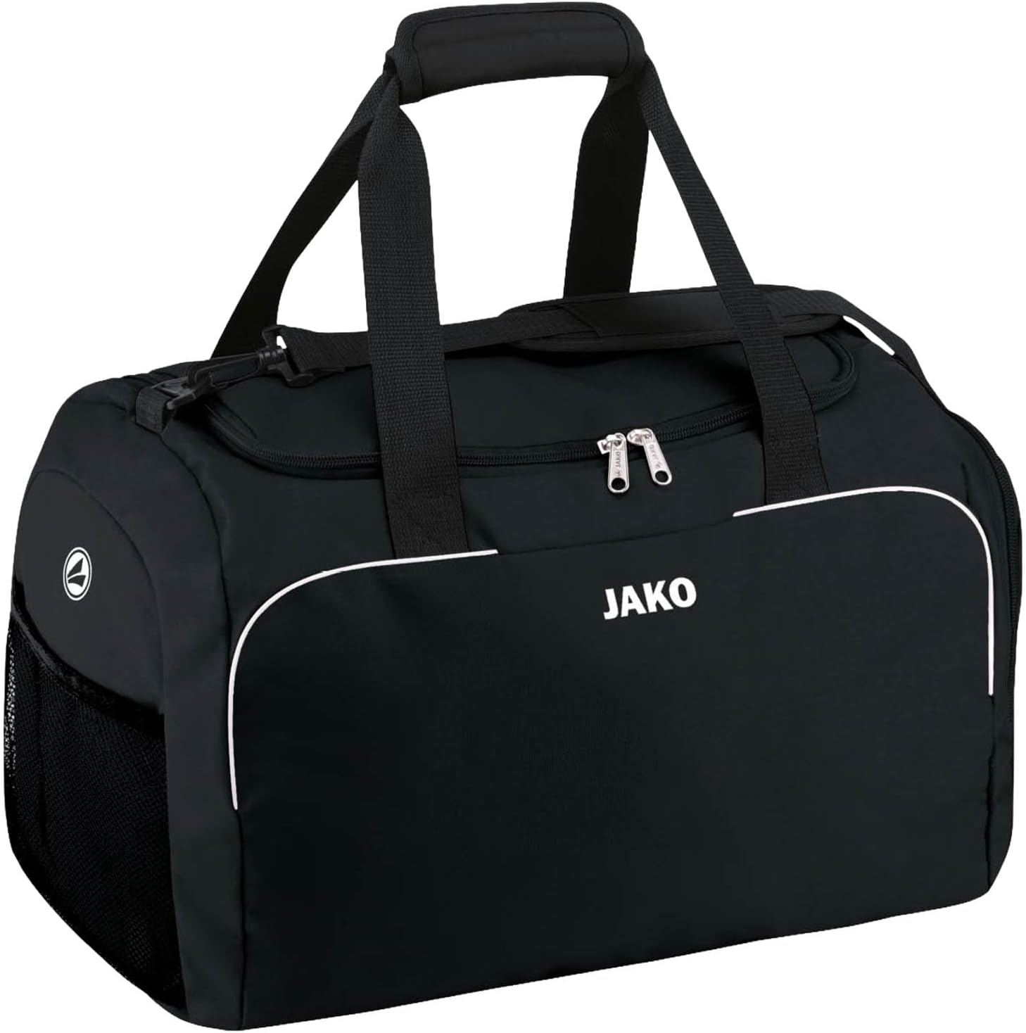 Detalle de JAKO Classico – czarna torba sportowa 38 × 21 × 28 cm z regulowanym paskiem