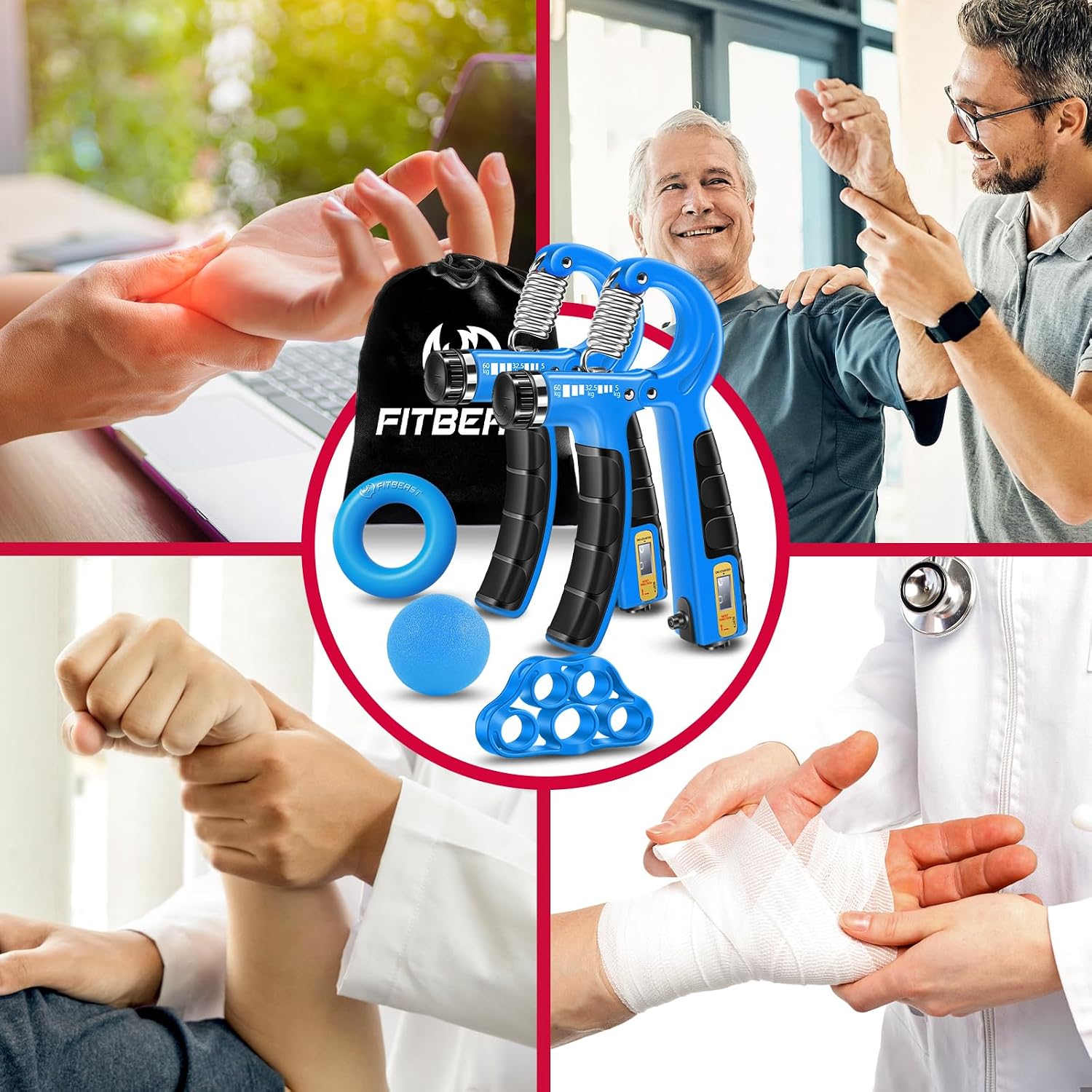 Detalle de FitBeast Handtrainer Trainingsset (5-teilig) mit einstellbarem Widerstand, Fingerdehner & Stressabbau-Griffball