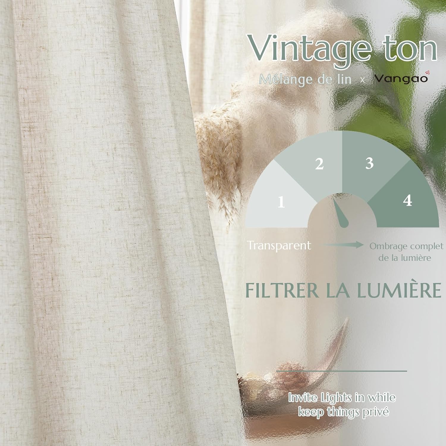 Thumbnail 3 de Vangao Rideaux Occultant Thermique en Lin Doublé – Salon Beige Naturel, Lot de 2 130 x 175 cm (Passe Tringle, Oeillets, Double Rideaux), Anti-Froid
