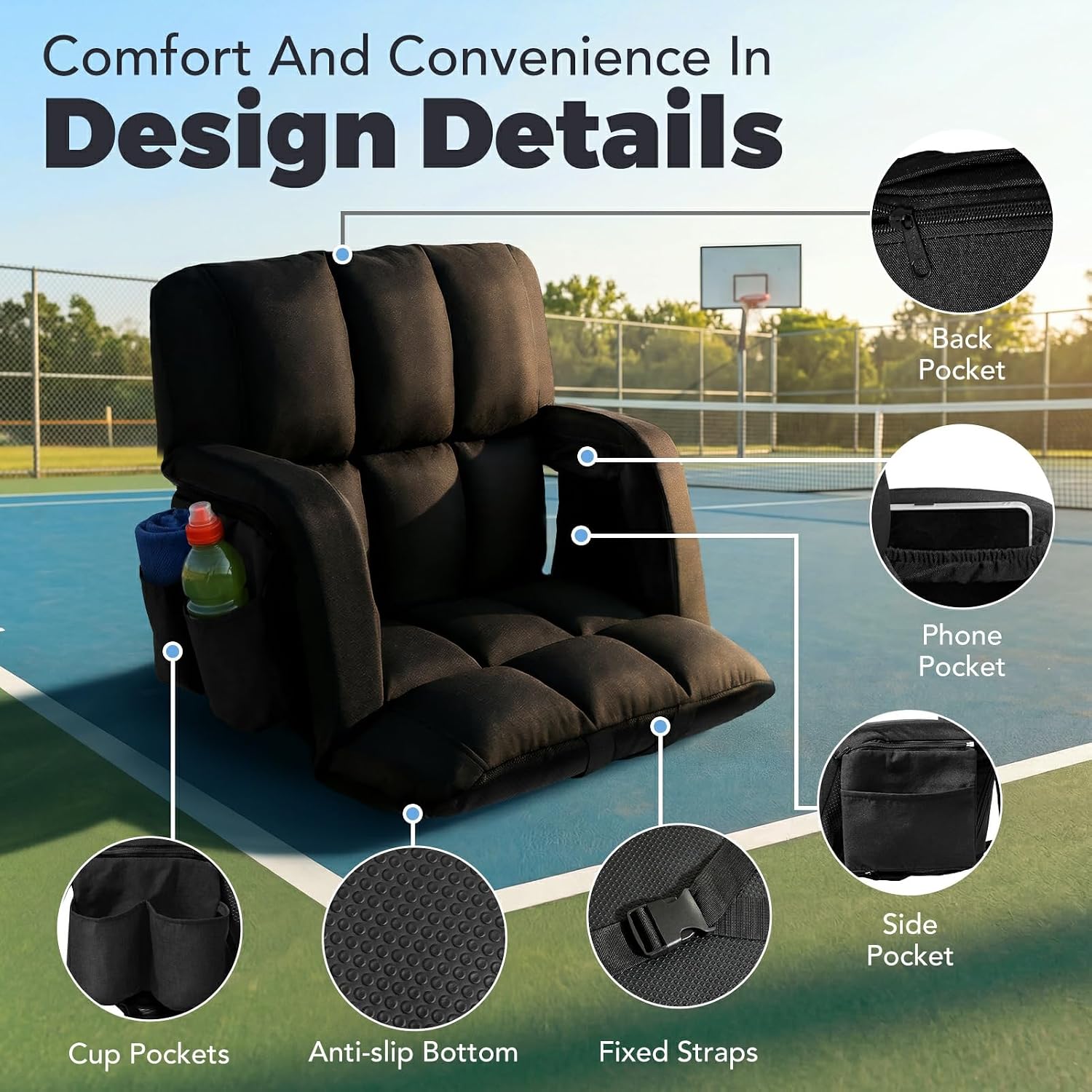 Detalle 1 de yeyeeyyee 1P-25-Black Reclining Stadium Seat, 4.7-Inch Cushion