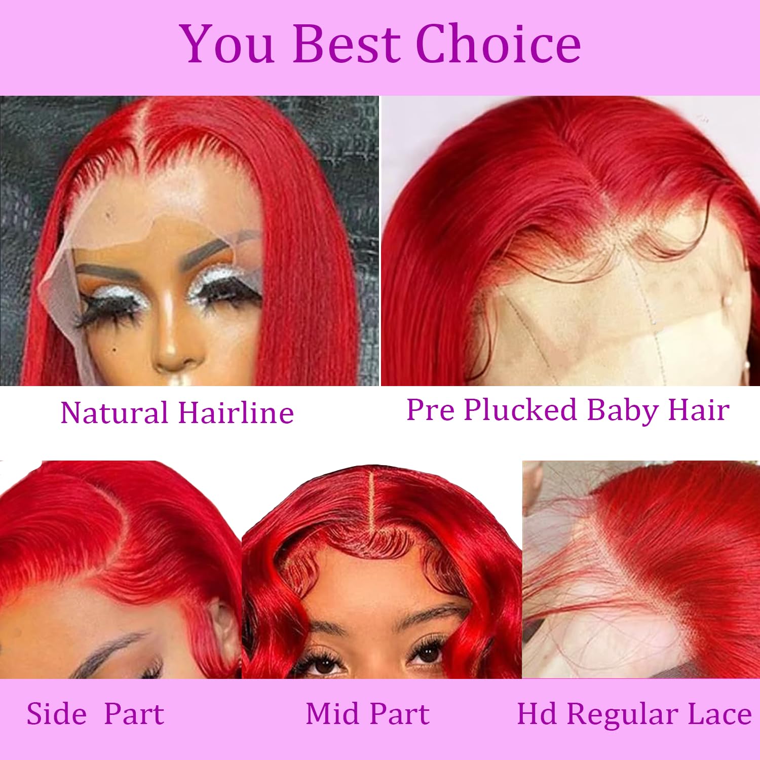 Detalle 2 de Red Burgundy Straight Lace Front Wig (13x4) | 100% Unprocessed Human Hair, Glueless Wear-and-Go