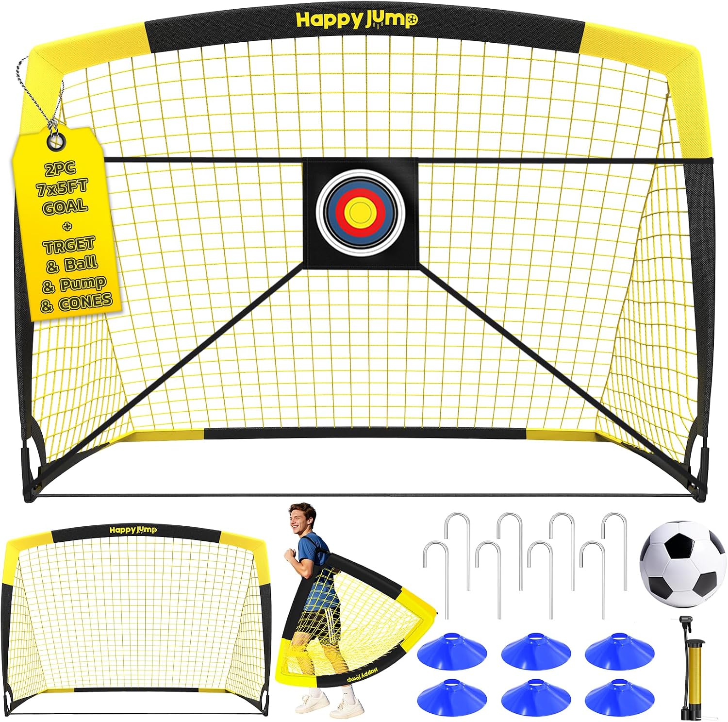 Happy Jump Buts de Football Pop-Up Pliable – Kit 2 buts 213 x 152 cm + accessoires
