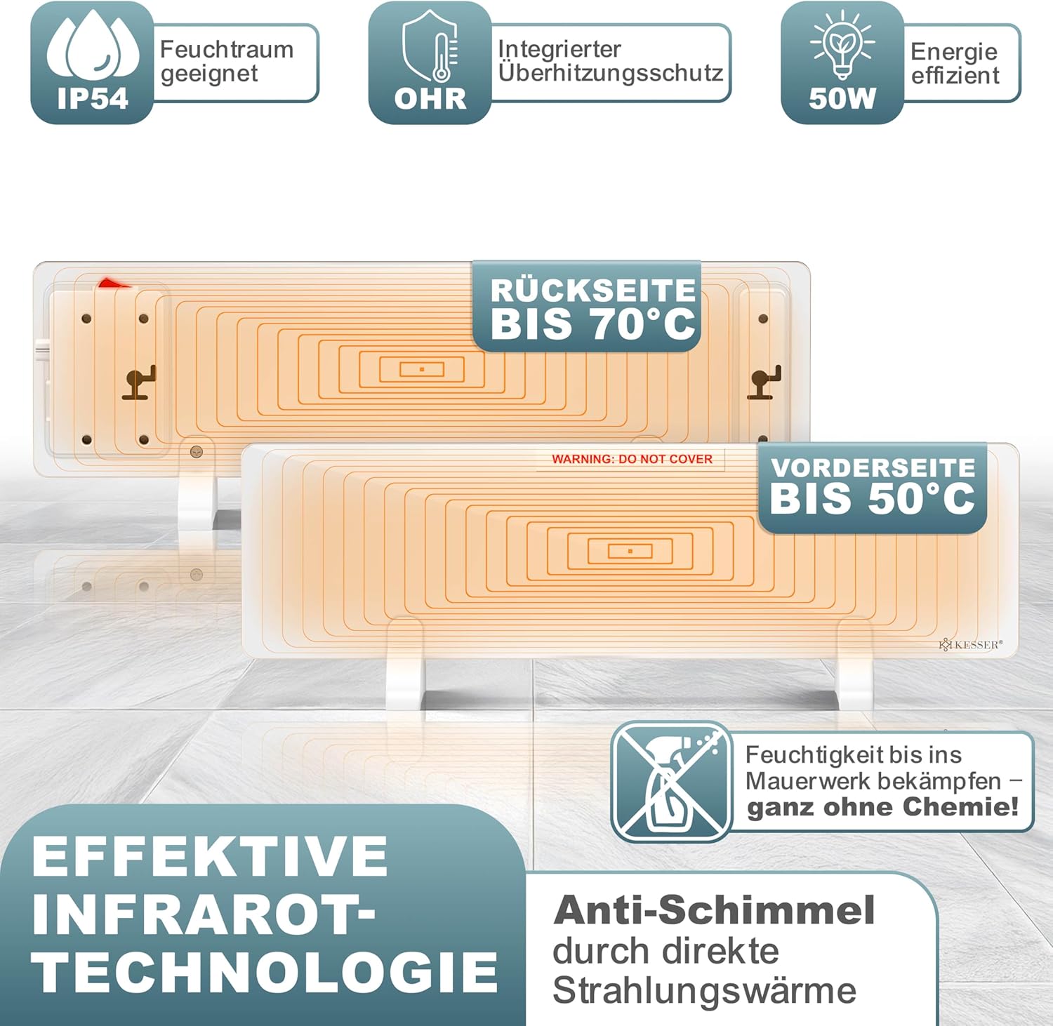 Thumbnail 5 de KESSER® Schimmel Infrarotheizung (Wand & Bad) 50 W – Schimmelfrei ohne Chemie, 2er-Set