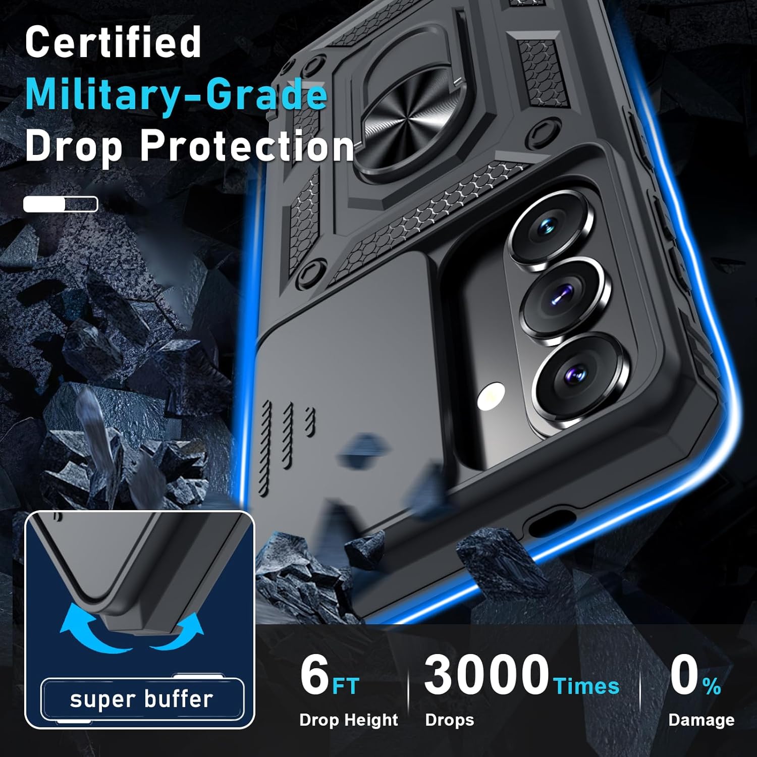 Thumbnail 4 de Janmitta Galaxy S26 Compatible Case with Slide Camera Lens Cover, Tempered Glass Screen Protector, and 360° Metal Kickstand Ring Holder (Black)