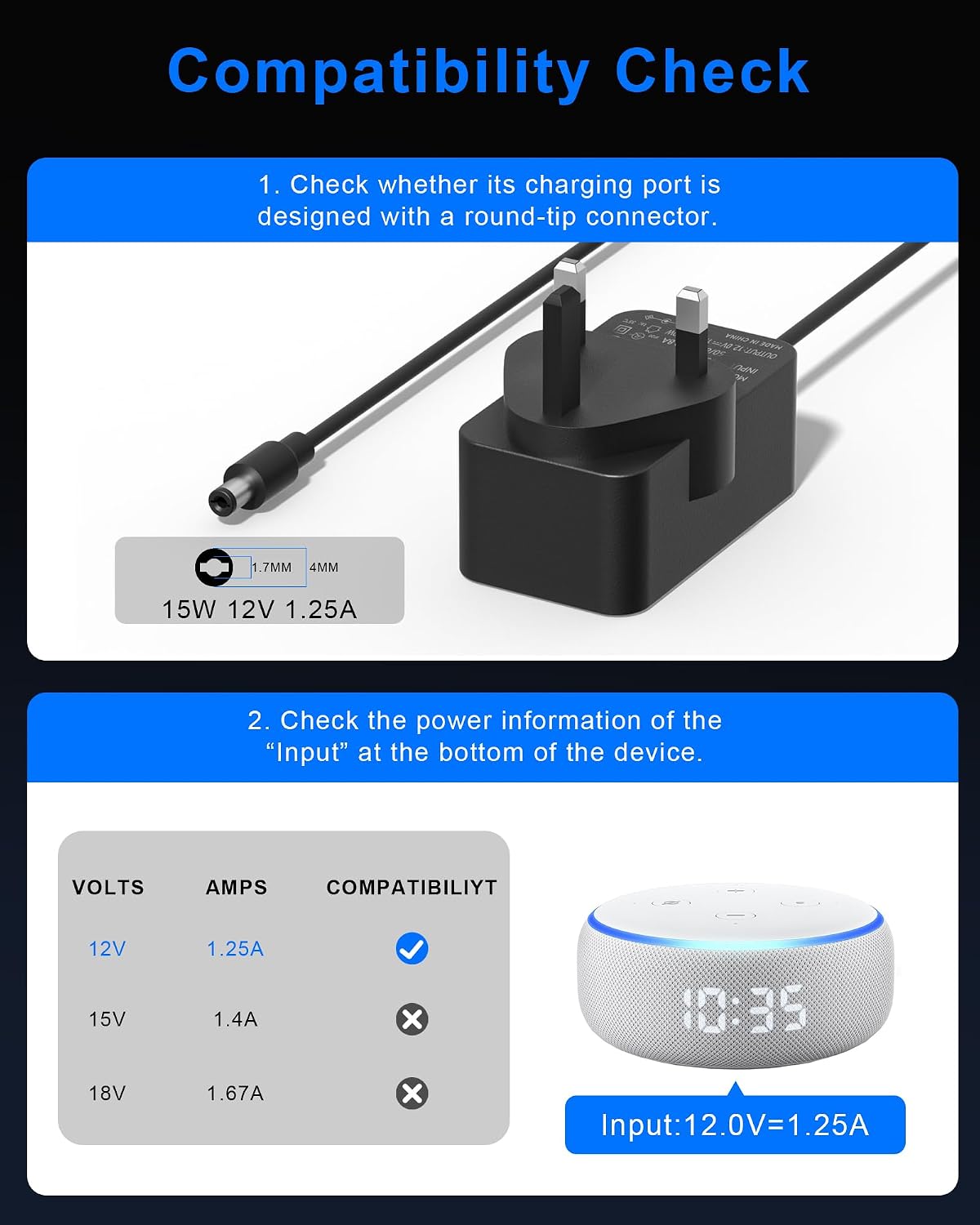 Detalle de Binamao 12V 1.25A 15W Power Supply Charger for Echo & More (1.5m Cable) – UK Plug