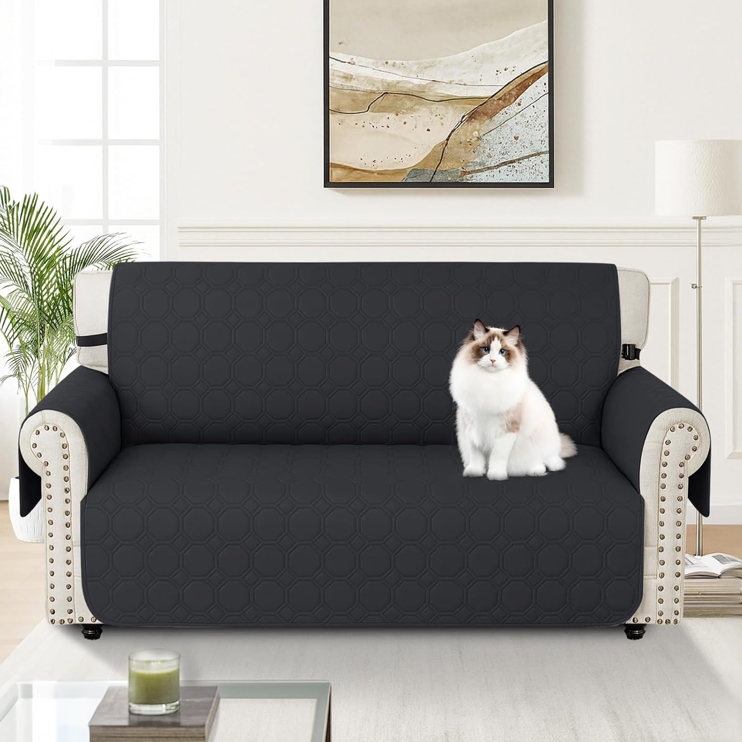 Thumbnail 1 de Ystyle housse de canapé imperméable 3 places noire avec accoudoirs et poches latérales