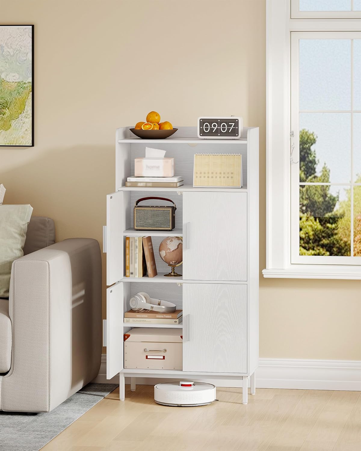 Thumbnail 1 de Hzuaneri Meuble Salle de Bain – Armoire de rangement 30 x 60 x 120 cm, 4 portes et 1 espace ouvert, MDF FSC, blanc SC45613W