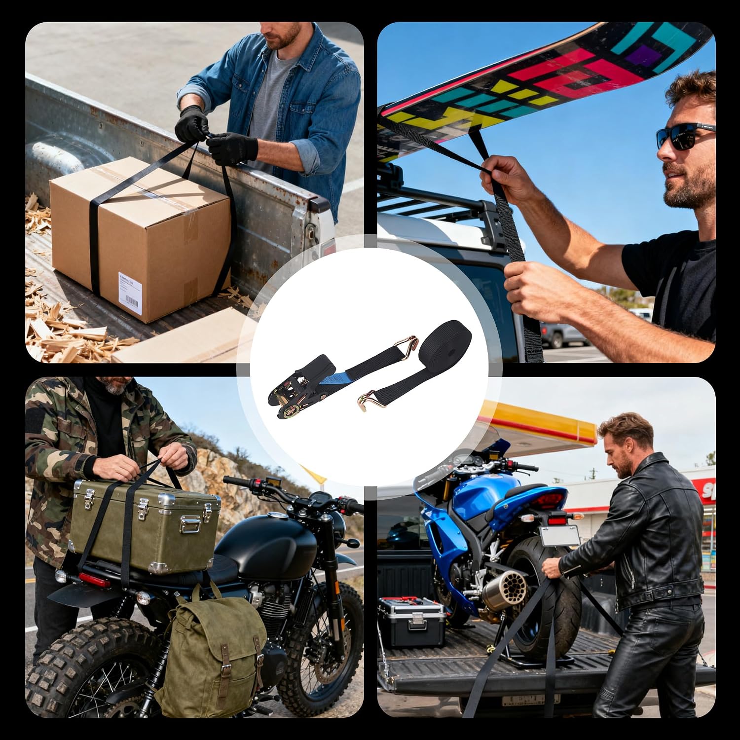 Thumbnail 6 de Spanngurte mit Ratsche-Set (4 Stück) – 6 m x 25 mm, schwarz, zum Sichern von Ladungen auf Auto, Anhänger und Fahrradträgern